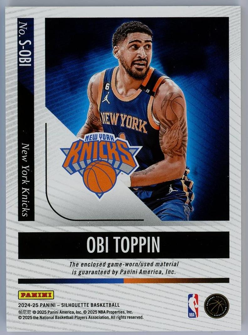 2024-25 Panini Silhouettes Obi Toppin 奥比托平 剪影 亲穿patch 球衣物料切割 尼克斯 卡品如图 0KM4/11.9
