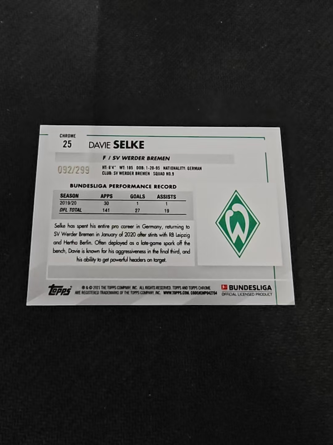 【可合并,不累计】2021 Topps chrome Davie Selke 塞尔克 德甲 不莱梅 紫折 299编 划痕 边角瑕疵