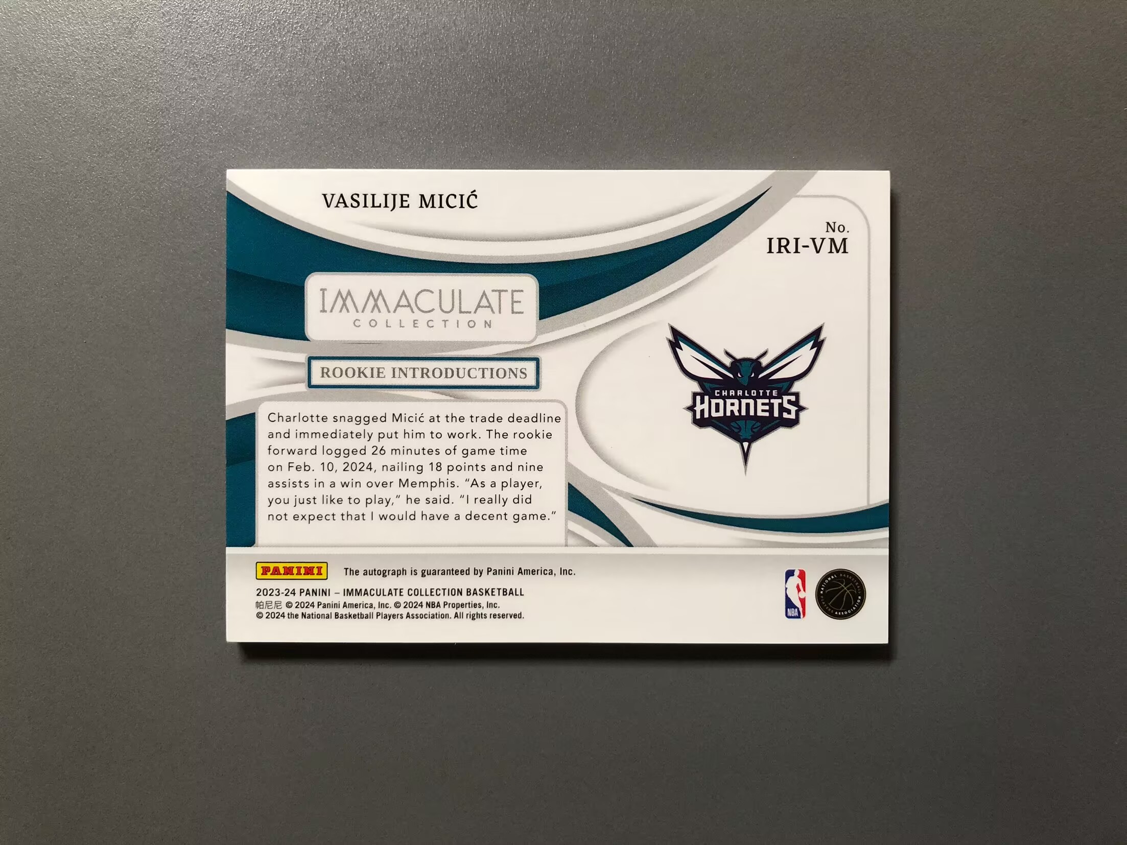 2023-24 Panini Immaculate Vasilije Micic RC 瓦西里耶·米西奇 黄蜂 新秀 RC 签字 卡签 新秀介绍签 99编 实卡好看 卡品如图 可累计 FT059