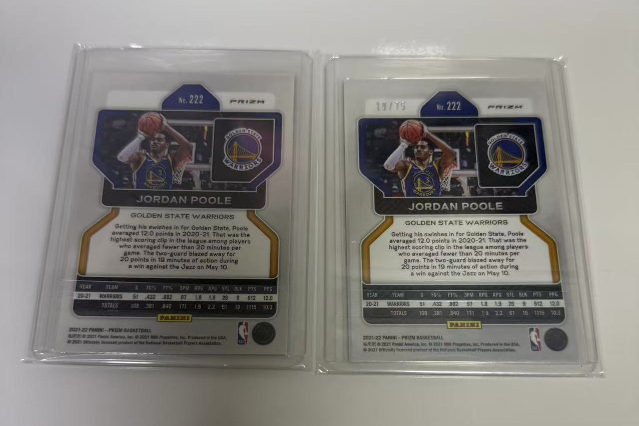 2021-22 Panini prizm Jordan Poole 乔丹 普尔 普洱 勇士队 75周年蓝钻 大比例 红钻 75编 两张打包 凑套必备 主页彩虹在拍