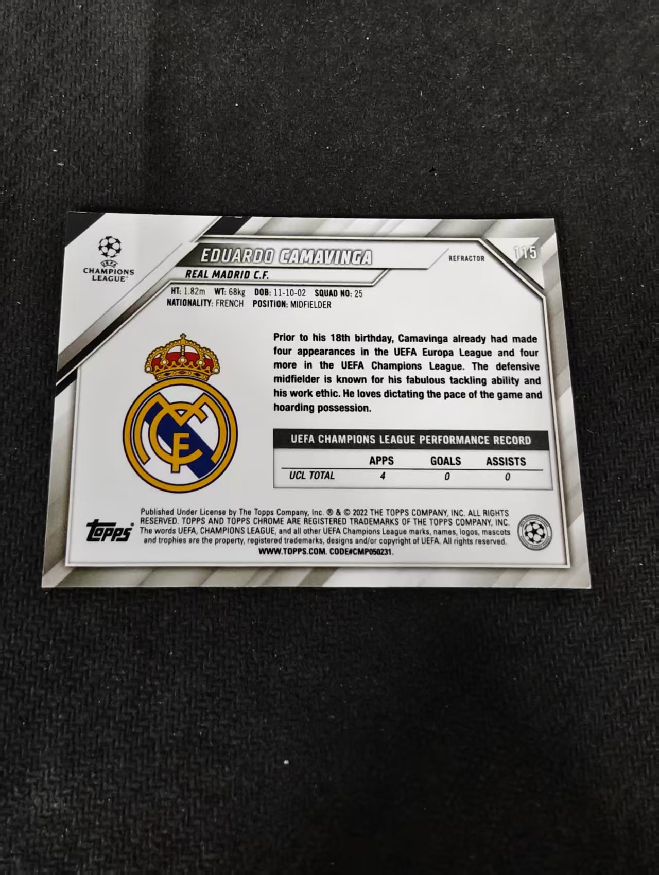 【可合并,不累计】2022 Topps Chrome Eduardo Camavinga 卡马文加 皇家马德里 银折 欧冠 划痕 边角瑕疵 #115