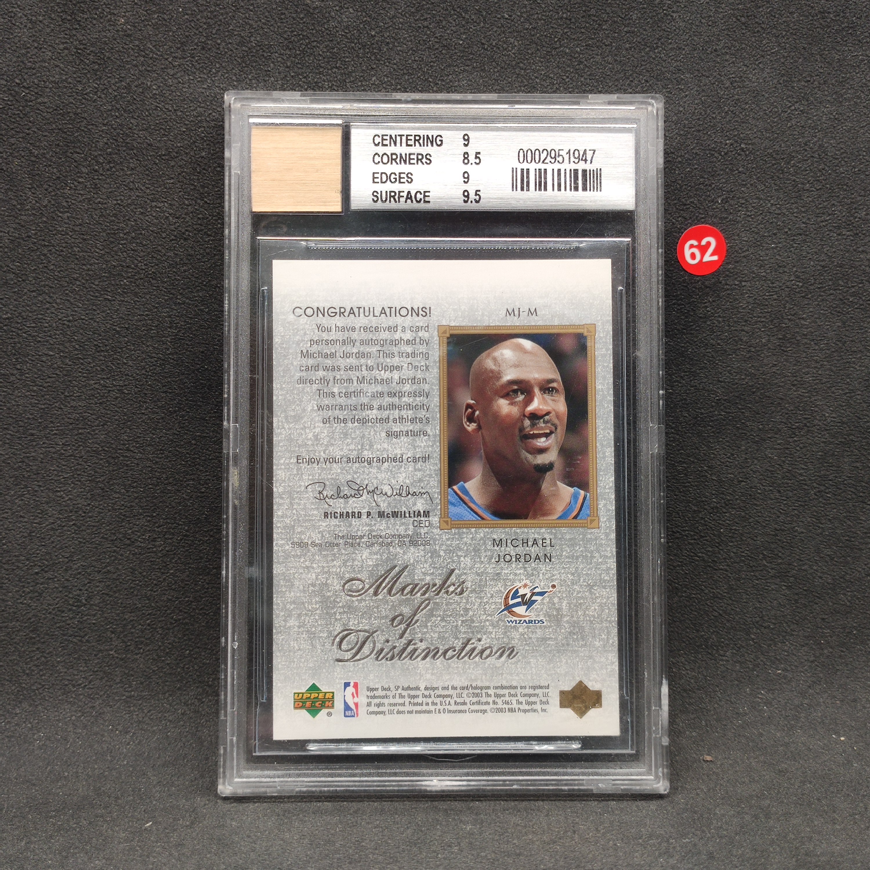 【大腿代卖精品】Michael Jordan 迈克尔乔丹 2002-03 Upper Deck SP /50编 Marks Of Distinction 签字 卡签 奇才队/BGS9分签字10分评级卡瑕疵见详图/16011hun/a62