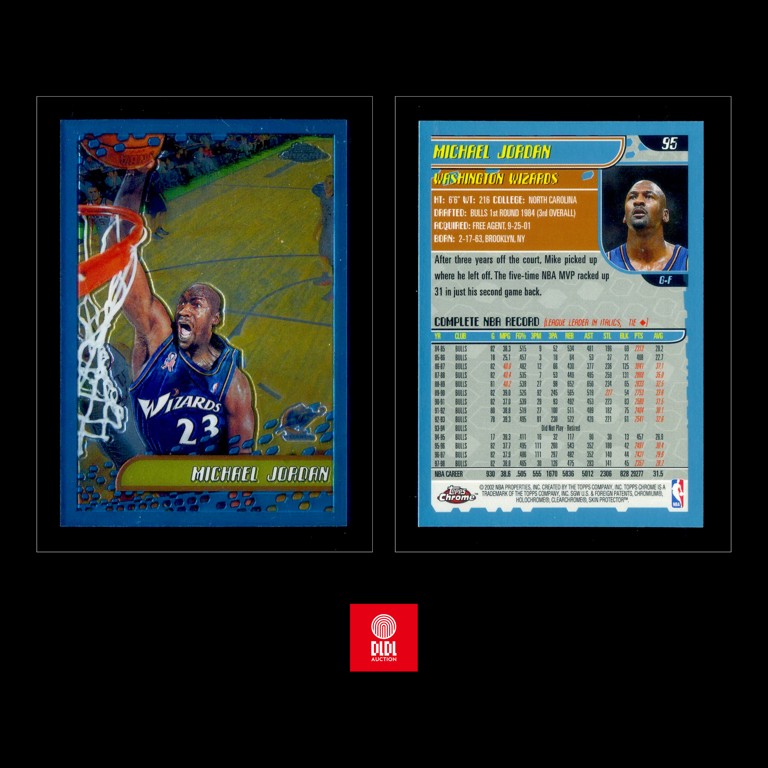 2001-02 Topps Chrome Michael Jordan 迈克尔乔丹高端系列Chrome专利技术篮板后机位Topps史上设计最美外框装饰奇才复出纪念