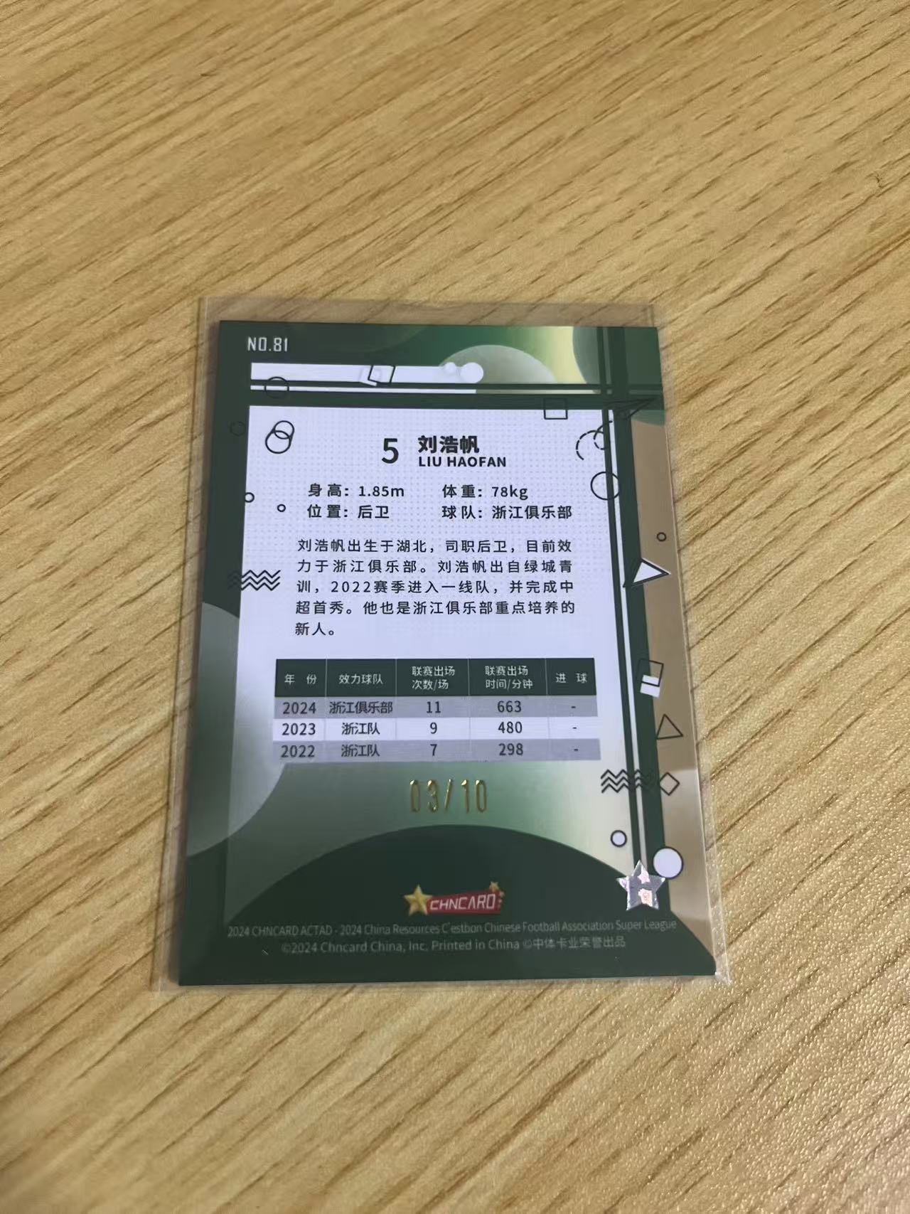 2024 中体卡业 CSL ACTAD 刘浩帆 中超联赛 渲染系列 浙江队 刘浩帆 金折 /10编 BASE 卡品如图