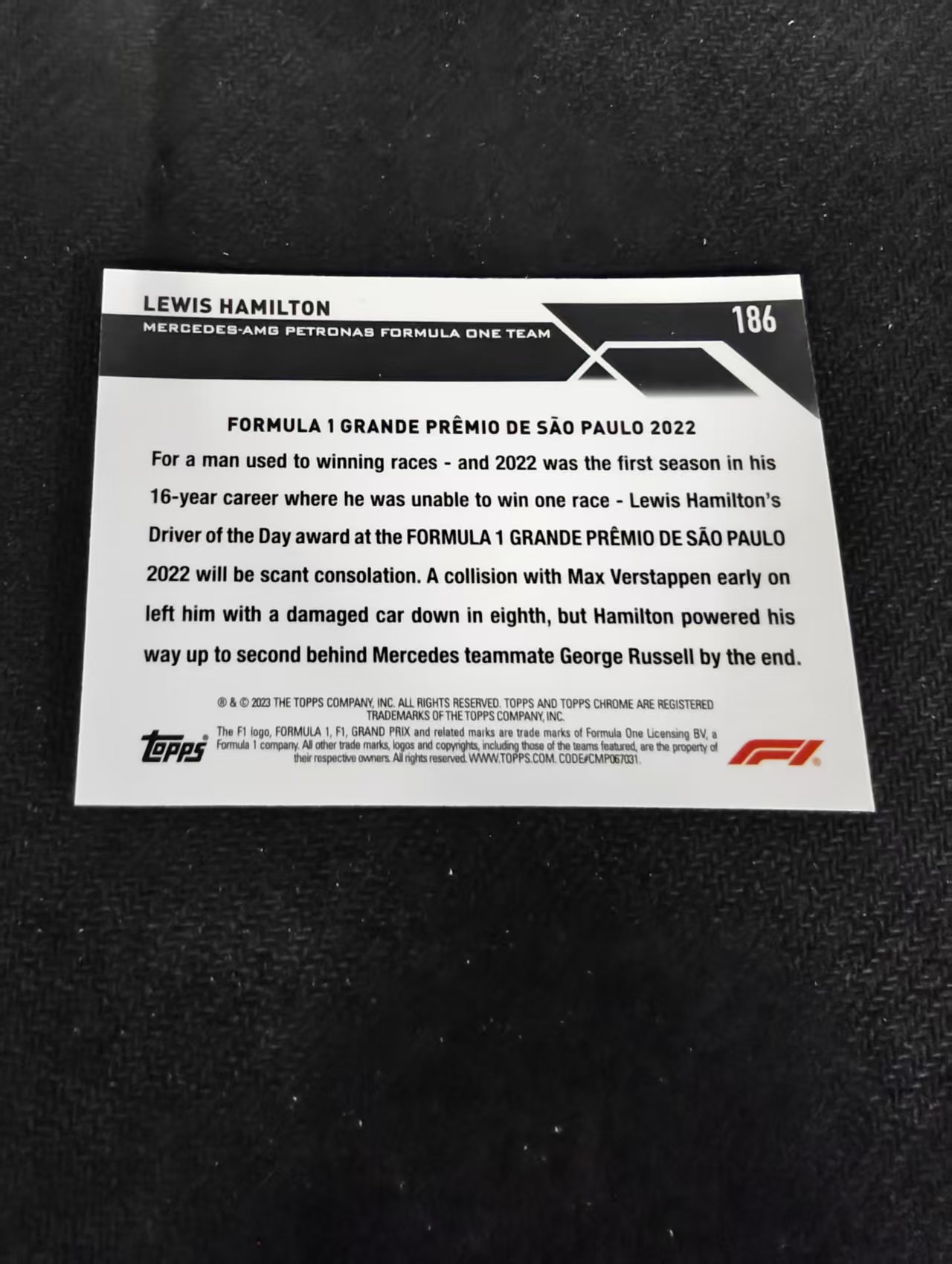 2023 Topps Chrome Lewis Hamilton F1 梅奔AMG 刘易斯 汉密尔顿 划痕 边角瑕疵 #186