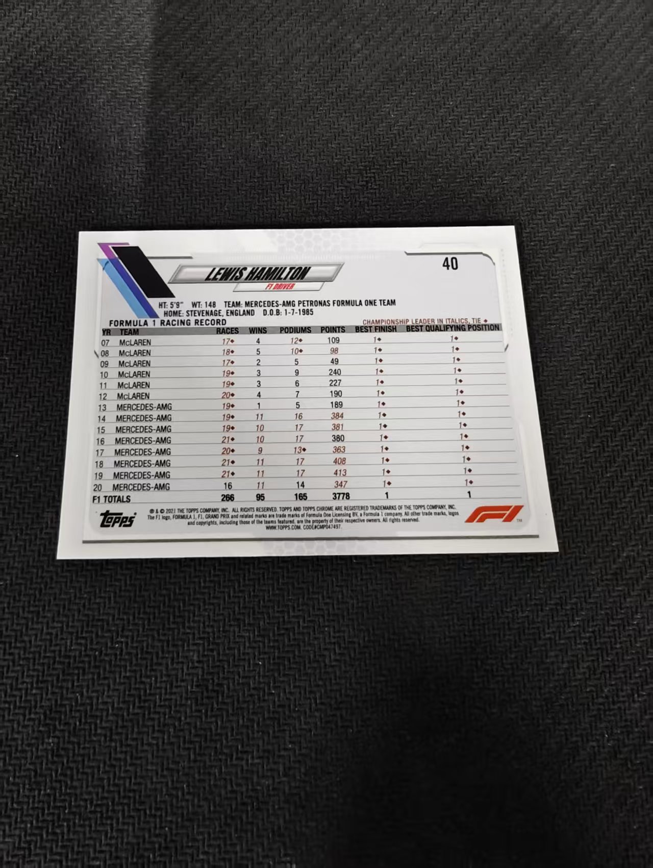 【可合并,不累计】2021 Topps Chrome Lewis Hamilton F1 梅赛德斯奔驰车队 刘易斯 汉密尔顿 划痕 边角瑕疵 #40