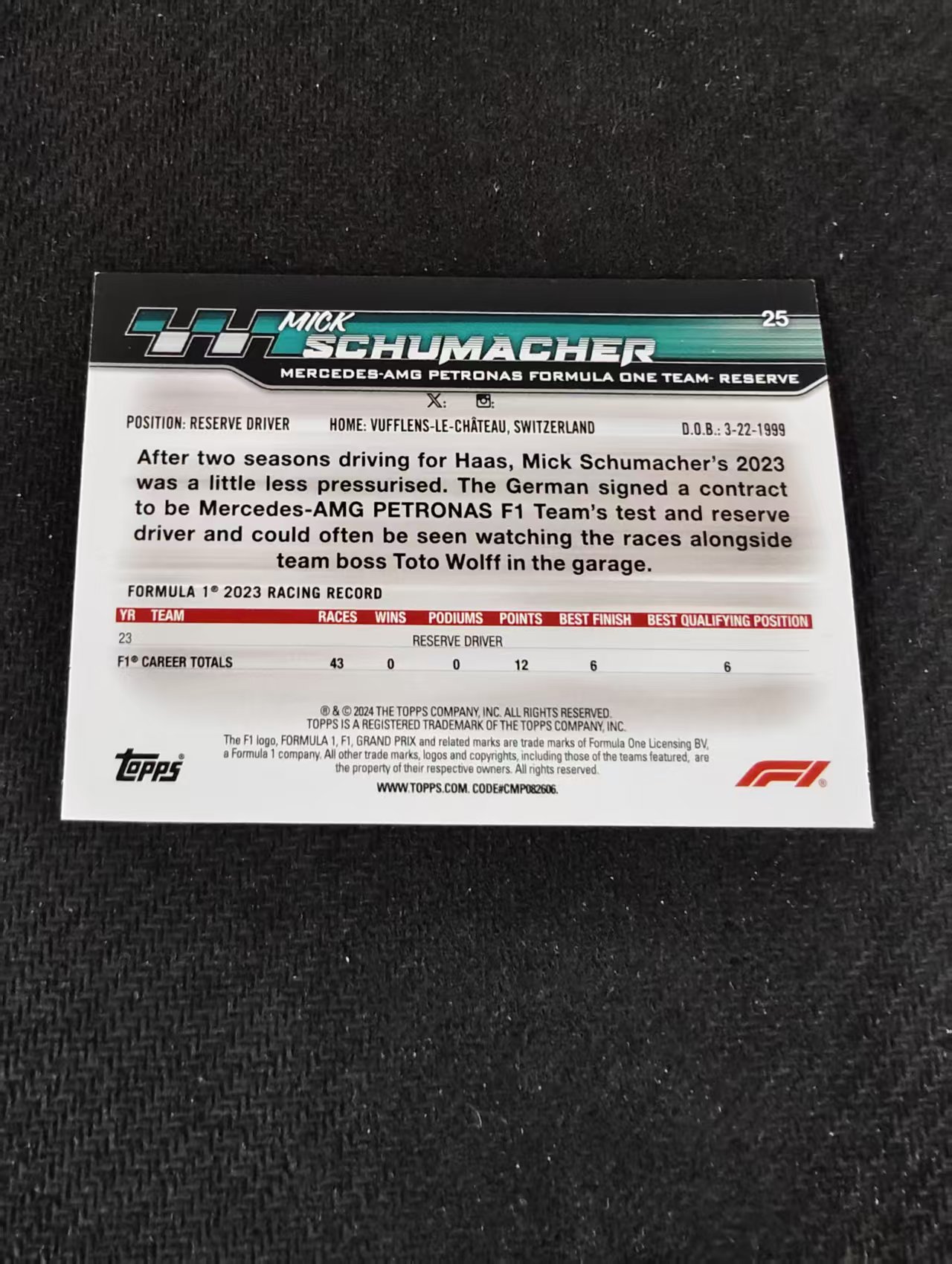 2024 Topps Paddock Pass F1 Mick Schumacher 法拉利 迈克尔 舒马赫 围场通行证 划痕 边角瑕疵 @25