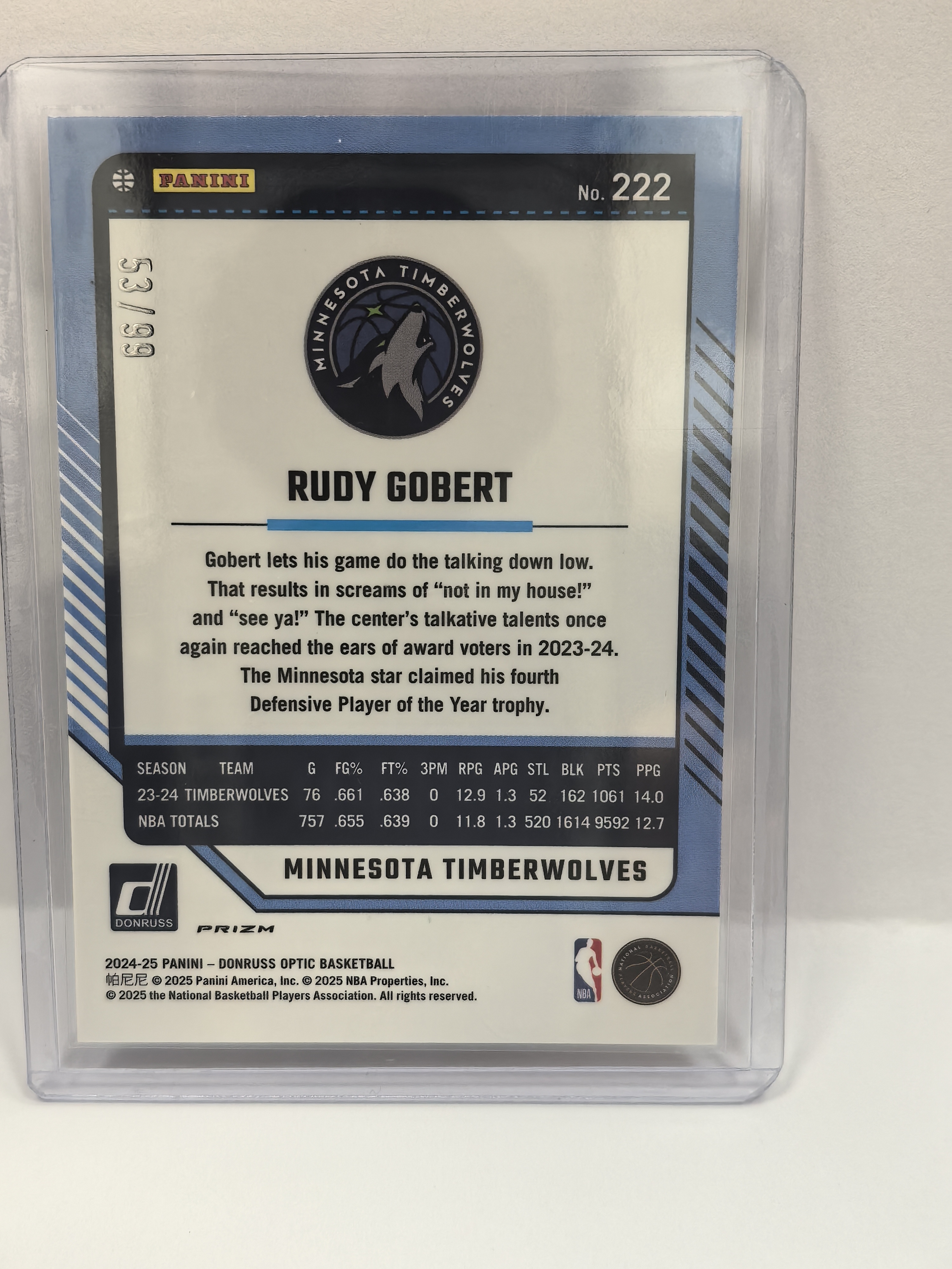 2024-25 Donruss Optic Rudy Gobert 杜蕾斯OP 森林狼 鲁迪 戈贝尔 53/99编 折射 卡品如图
