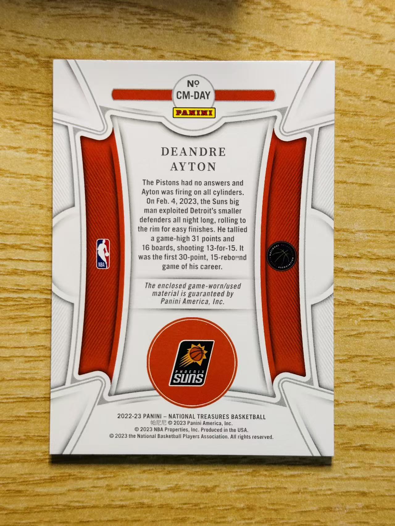 2022-23 Panini National Treasures Deandre Ayton 嘿嘿代卖 国宝 德安德烈 艾顿 球衣 物料 Patch 25编 太阳 顿宝 收藏必备
