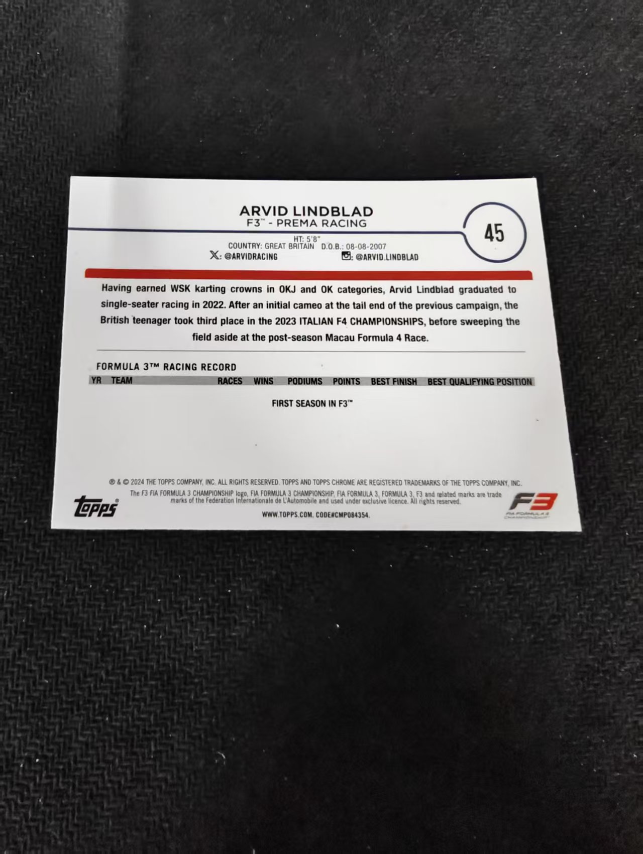 2024 Topps Chrome F1 Arvid Lindblad 阿维德 林德布拉德 F3 划痕 边角瑕疵 #45