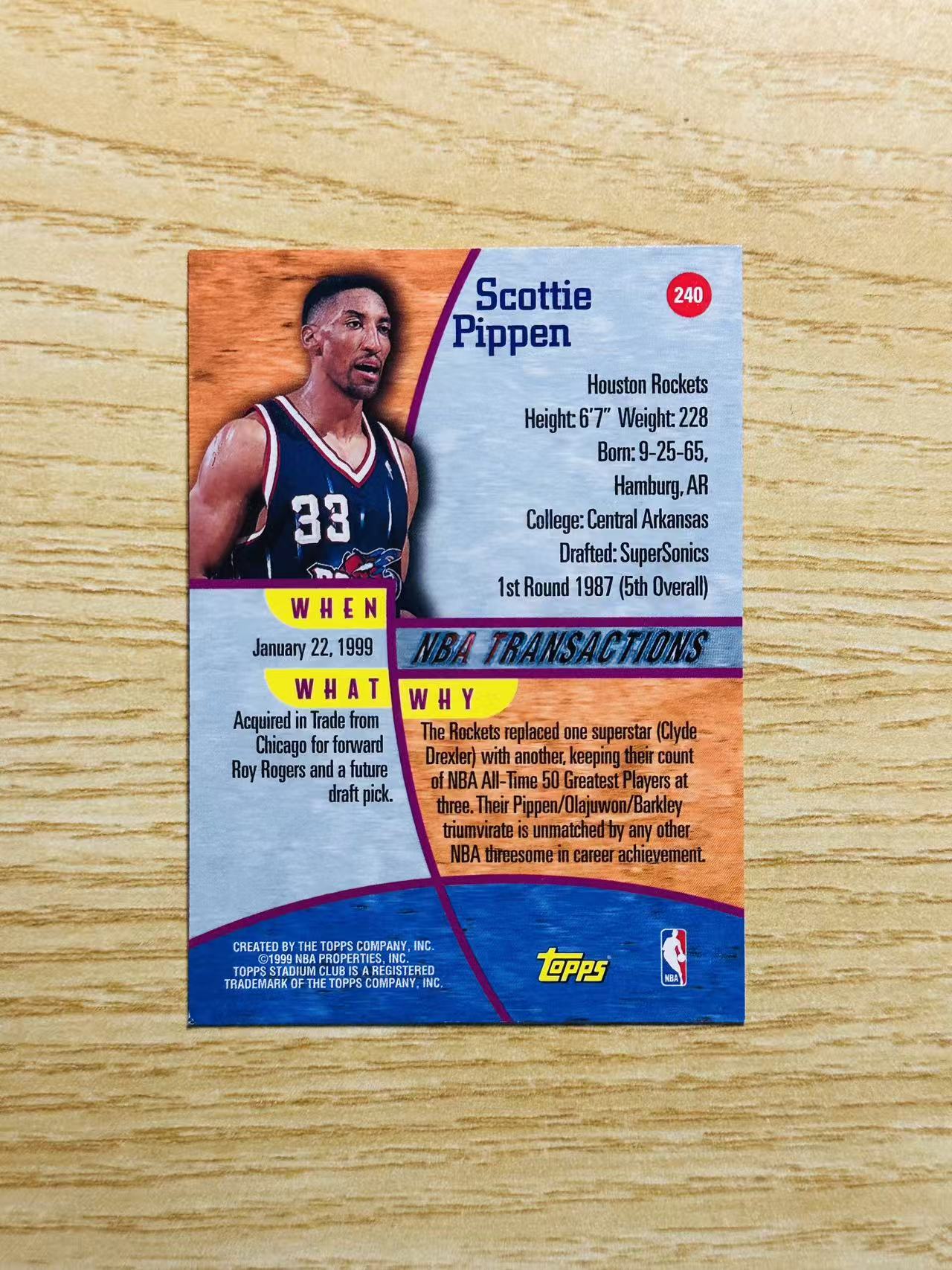 1999 Topps Stadium Club Scottie Pippen 嘿嘿代卖 老卡 老特 斯科蒂 皮蓬 蝙蝠侠 火箭 皮二爷 亮面选图 收藏必备