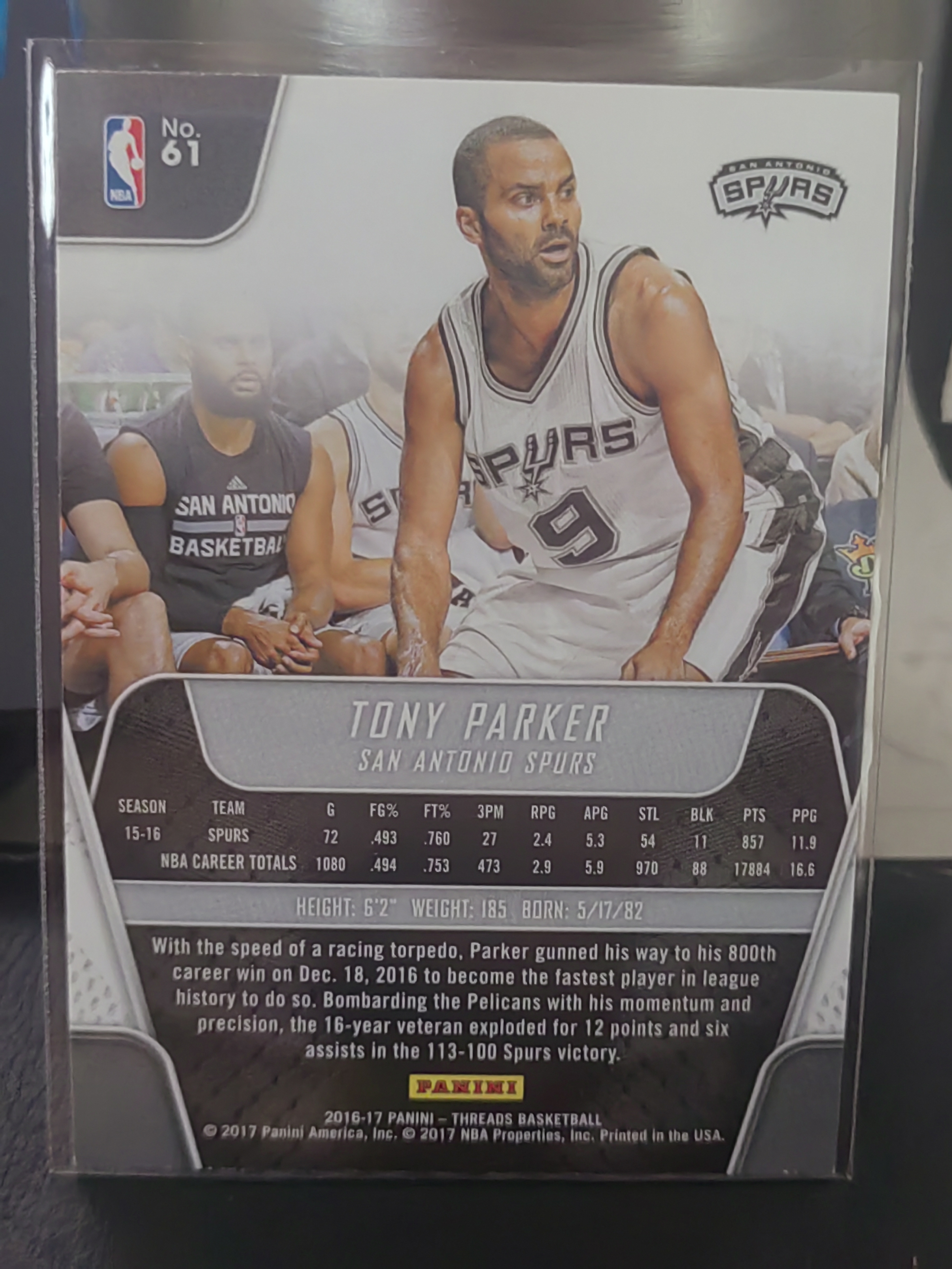 2016-17 Panini Threads Tony Parker 小背心 托尼 帕克 法国跑车 马刺 篮 白边白角 不保卡品 卡品如图