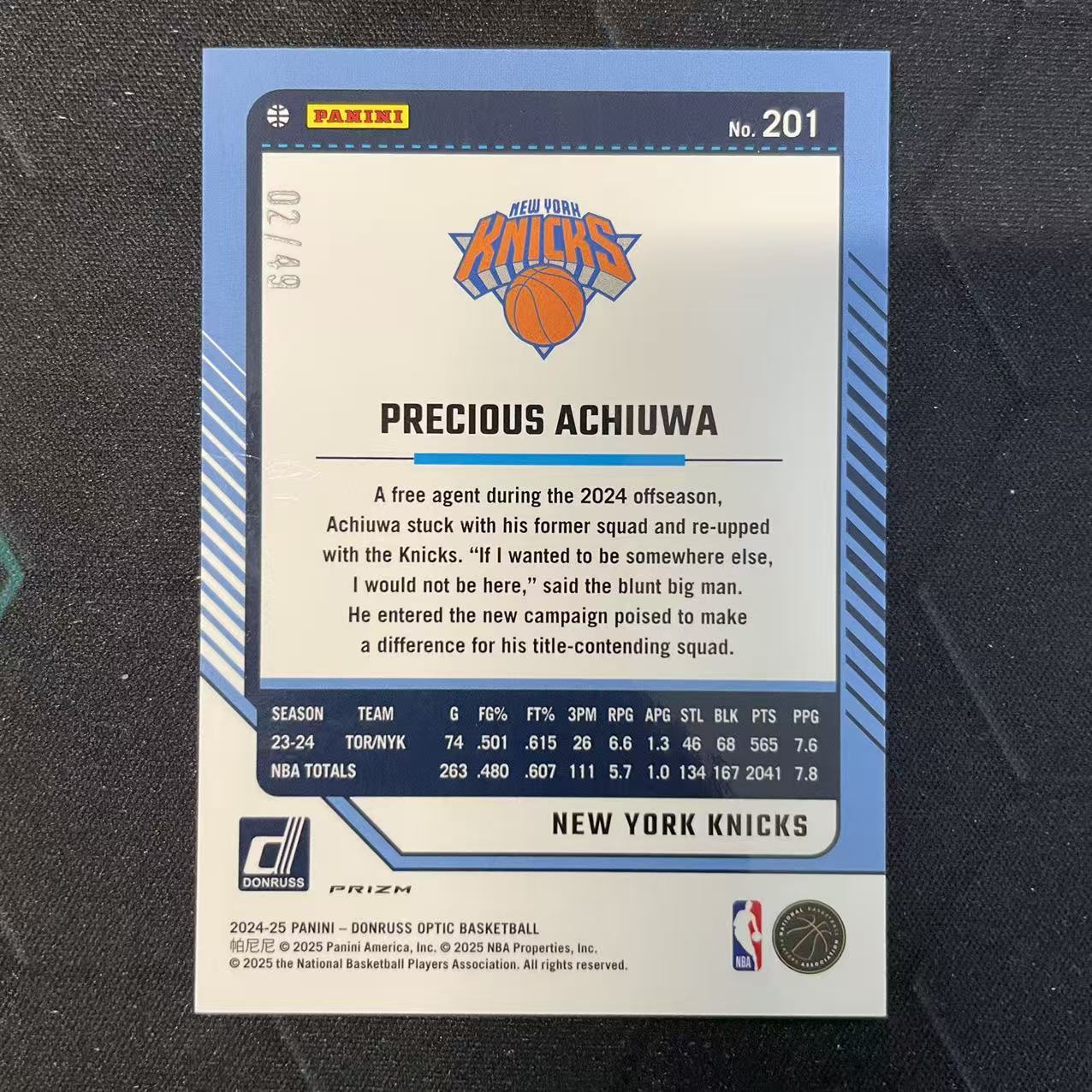 2024-25 Panini Donruss Precious Achiuwa 【阿福代卖】普雷舍斯 阿丘瓦 尼克斯 杜蕾斯op 蓝折 49编 收藏必备(行行行A)
