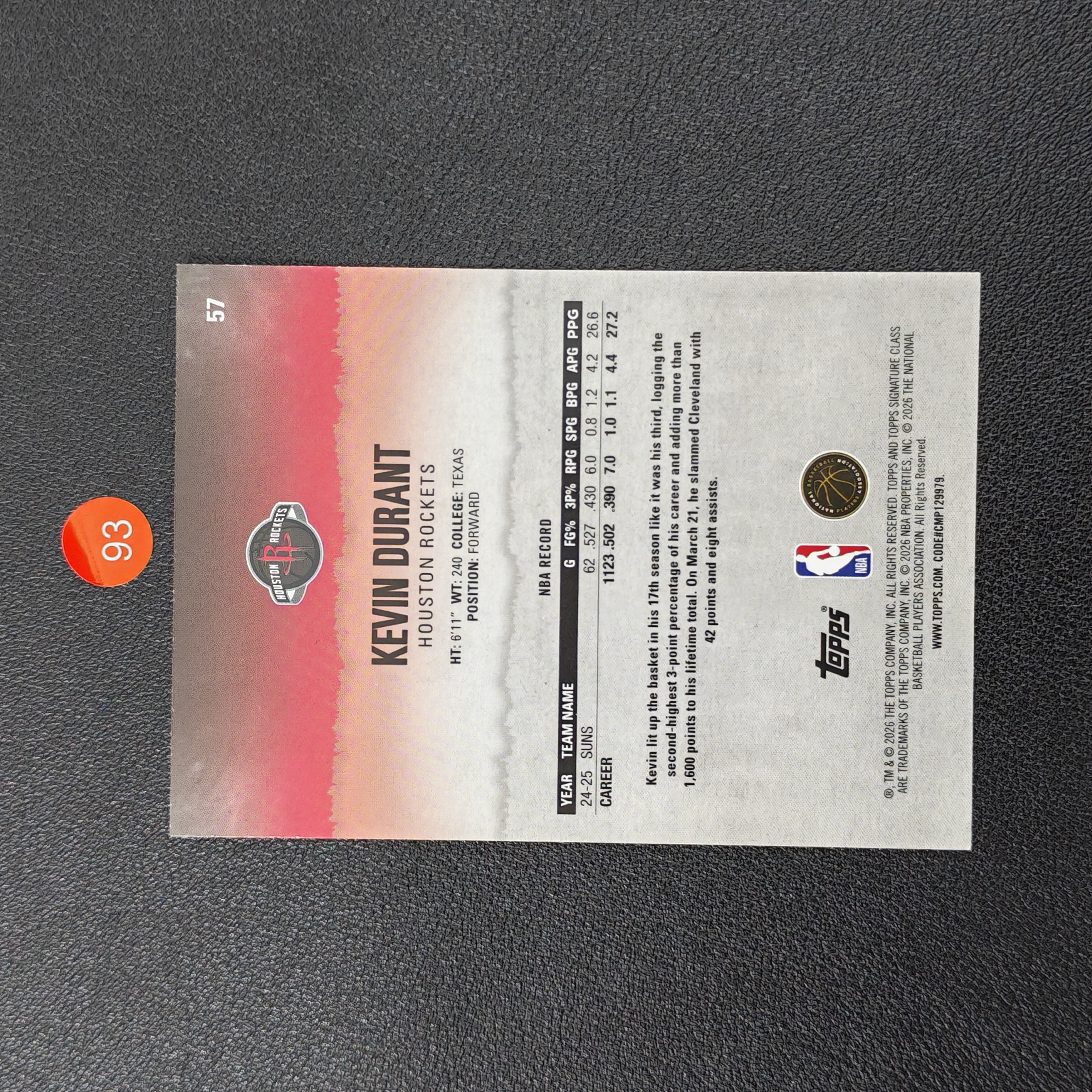 【鹰歌拍卖】凯文·杜兰特 Durant 火箭 正黄平行 051/399编 |2026 Topps Signature class 死神 未来可期 凑套必备 不保卡品#momo
