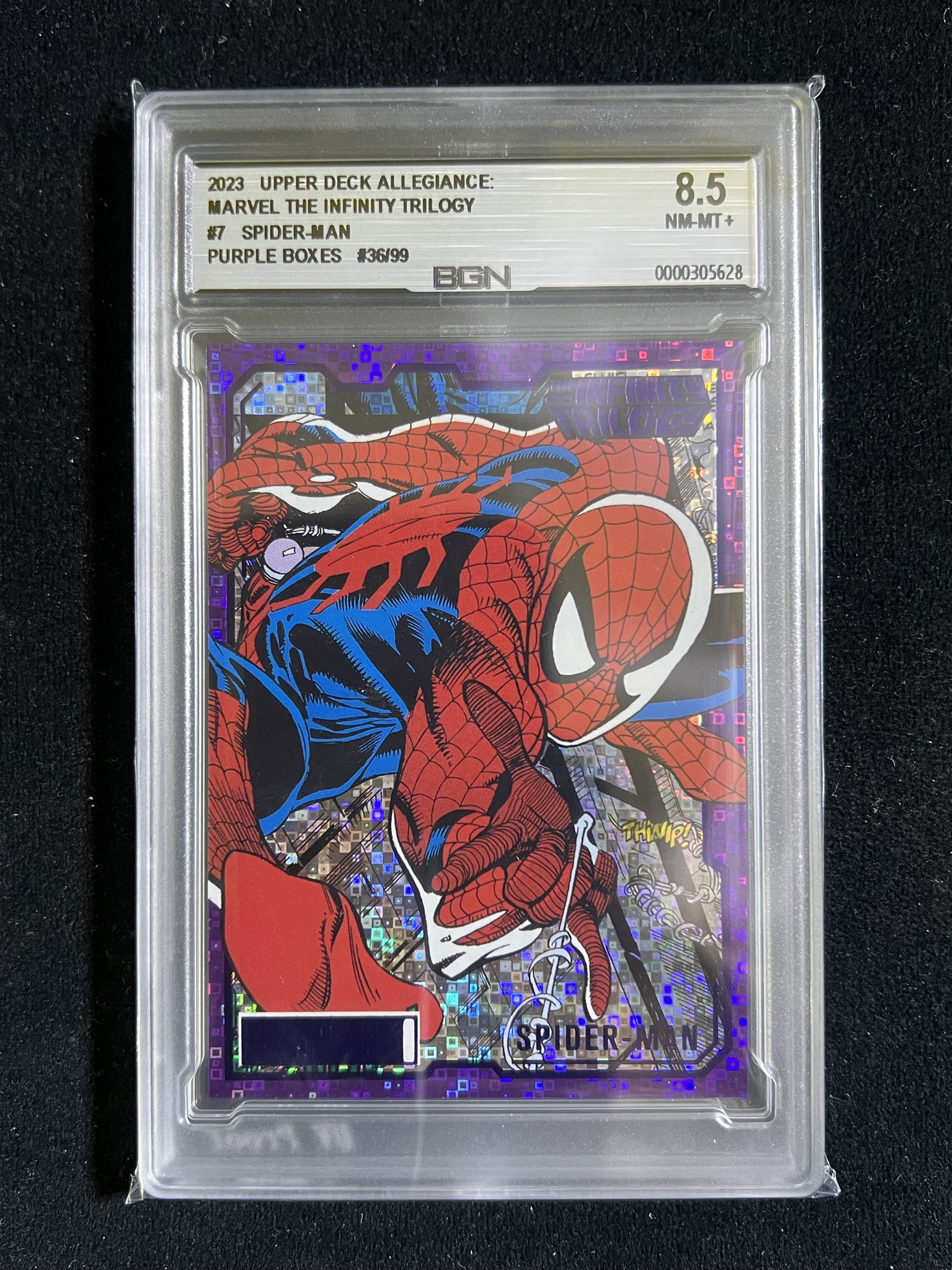 【幸运壹编壹代拍-MN】2023 Upper Deck Allegiance Marvel 漫威无限战争 Spider-Man 蜘蛛侠 99编 紫格子折 BGN8.5分评级