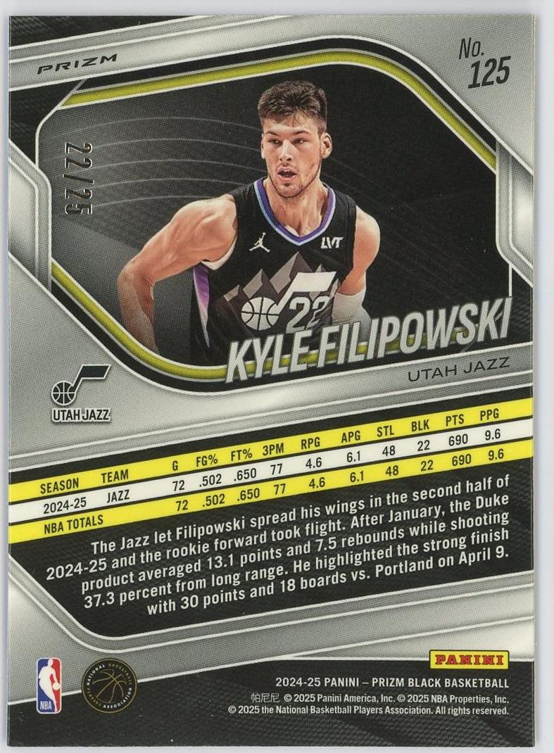 2024-25 Panini Prizm Kyle Filipowski RC 凯尔菲利波夫斯基 新秀 pz black 25编 低编 mojo折 折射 爵士 卡品如图 0KM4/11.27