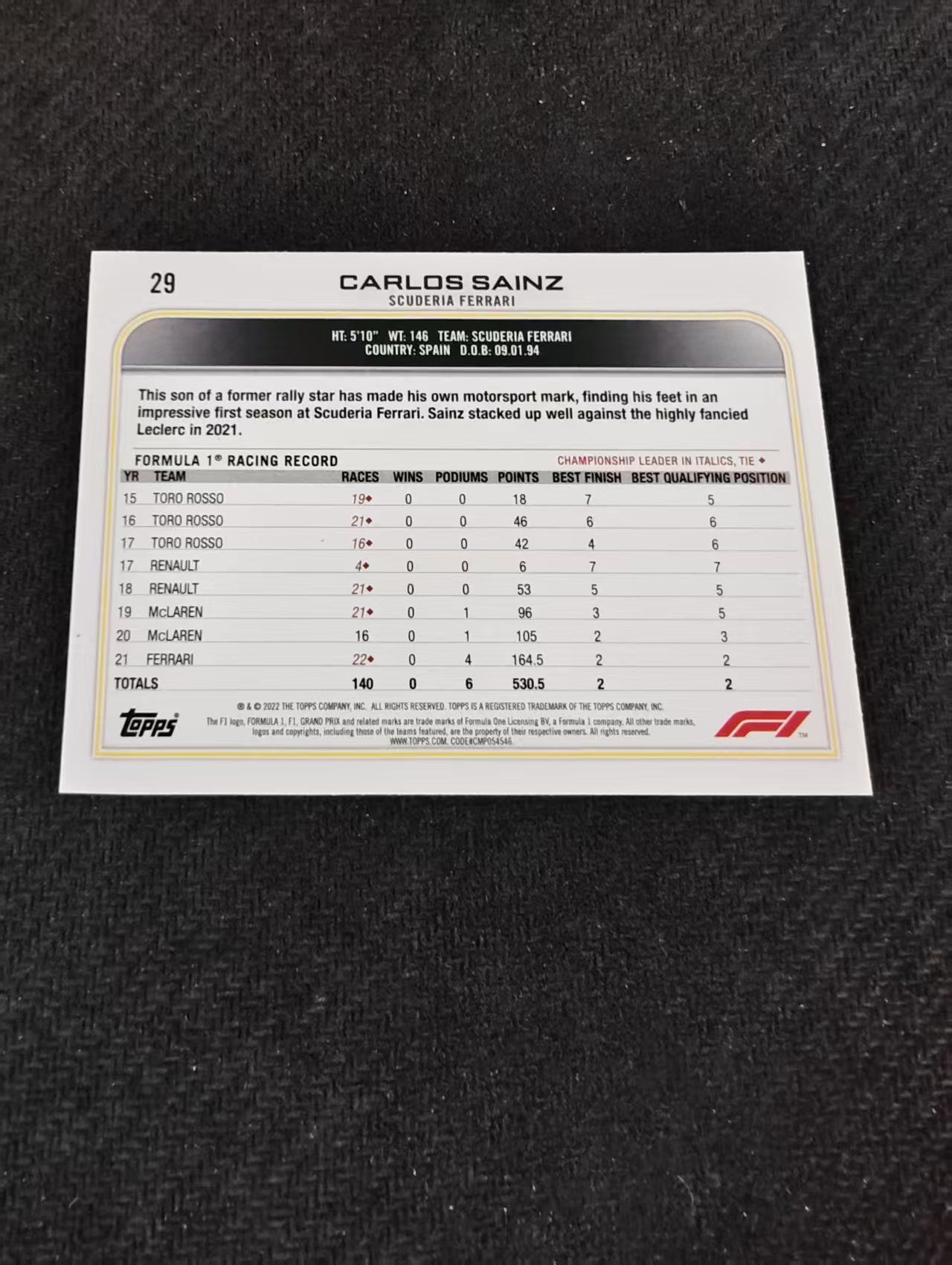 2022 Topps Chrome F1 Carlos Sainz 卡洛斯 塞恩斯 法拉利 划痕 边角瑕疵 @29