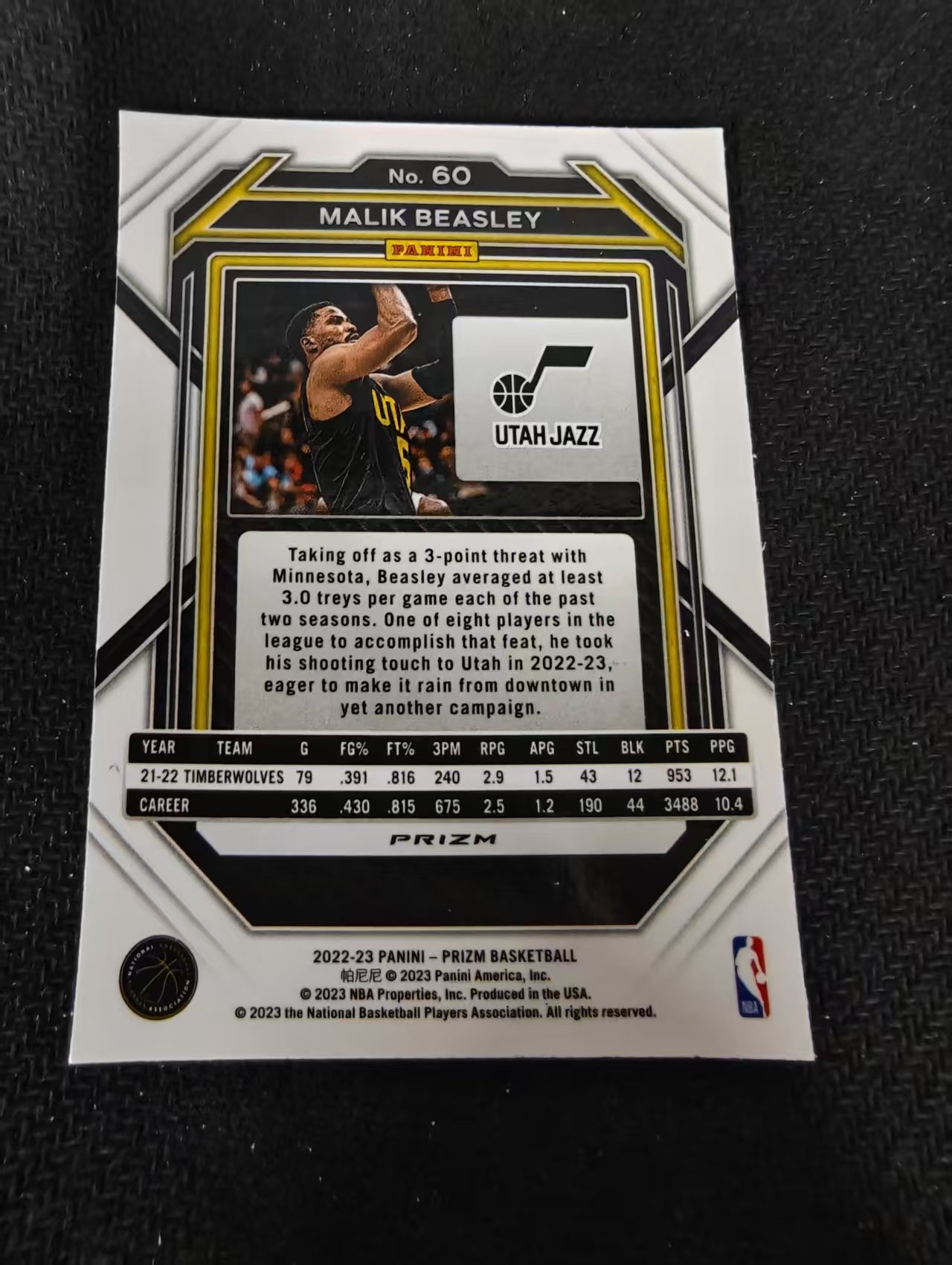 2022-23 Panini Prizm Malik Beasley PZ 马里克比斯利 爵士 红波纹 PZ 划痕 边角瑕疵 #60