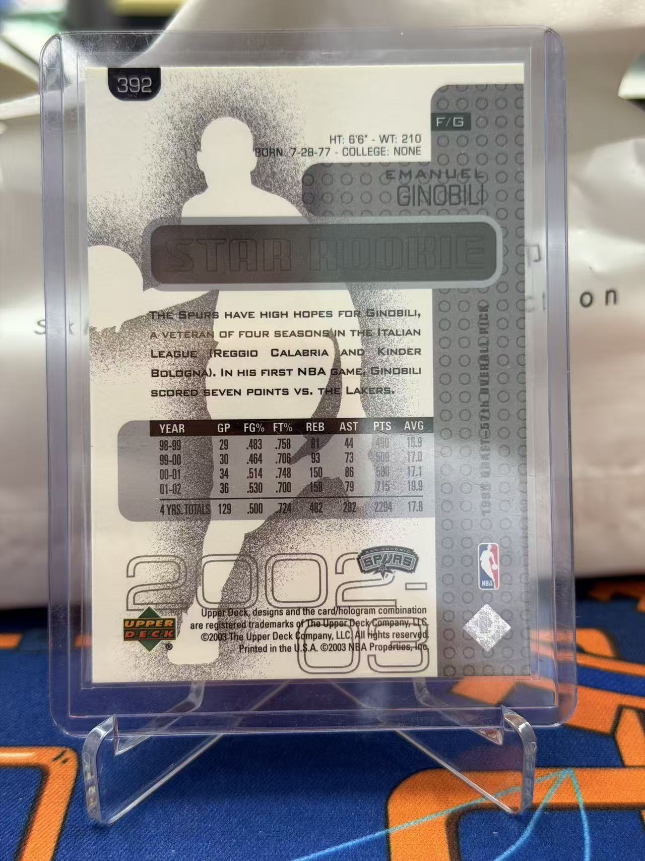 2003 Upper Deck Star Rookie Manu Ginobili RC 马努 吉诺比利 马刺 RC新秀 #392 卡固官方代卖 Gordon