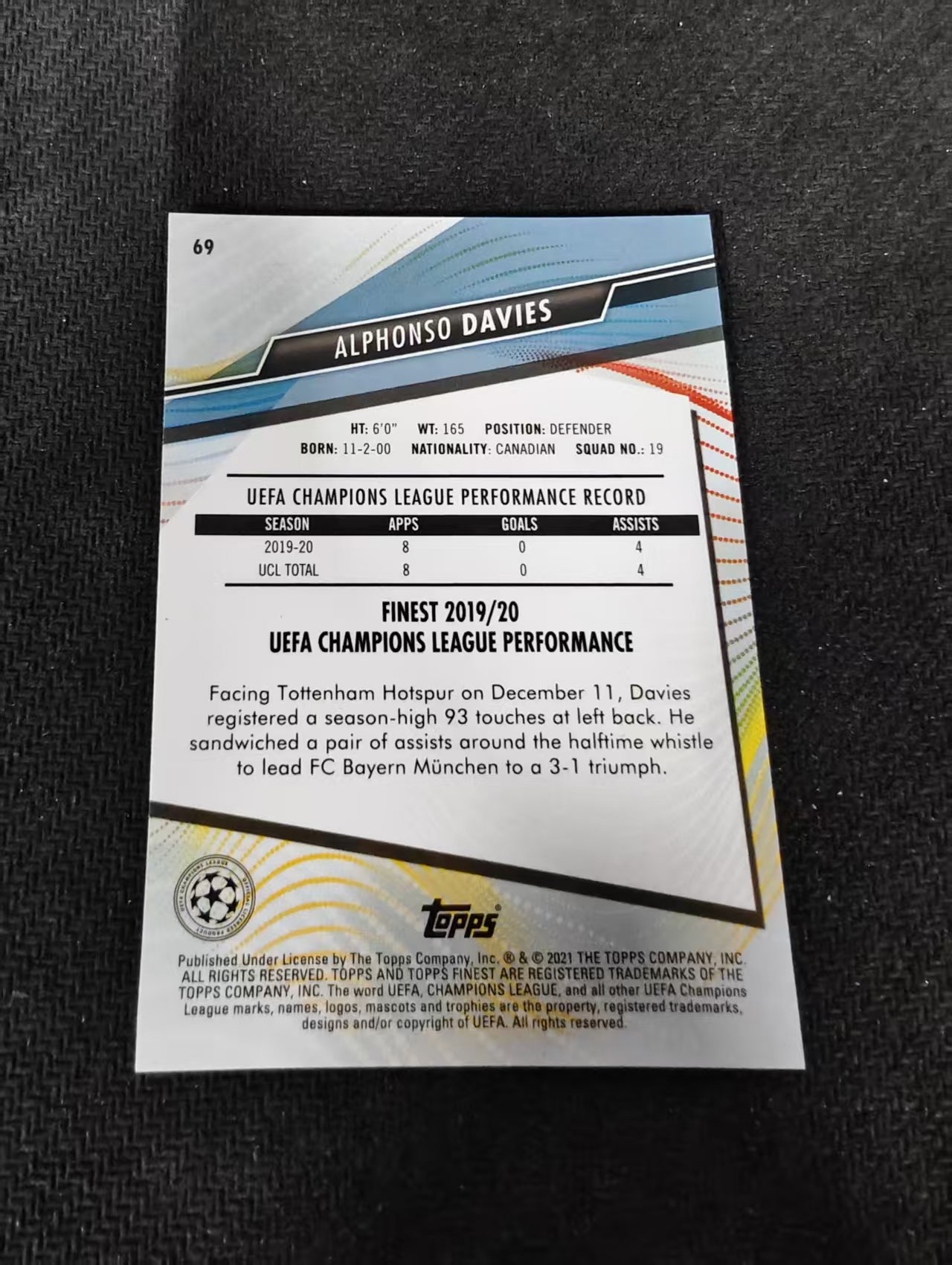 【可合并,不累计】2021 Topps Finest Alphonso Davies 欧冠 拜仁慕尼黑 阿方索 戴维斯 划痕 边角瑕疵 #69