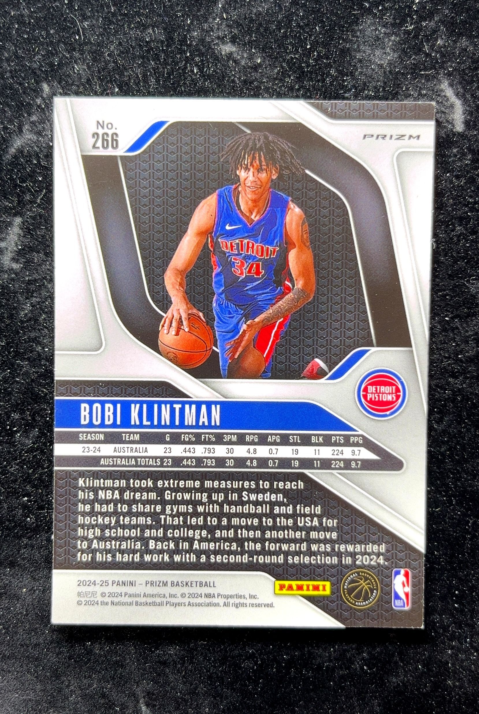 【小白1%代卖】2024 Panini Prizm Rookie 新秀 Bobi Klintman 博比·克林特曼 银折 折射 新秀 RC 卡品如图 高价值 #266 Detroit 0702