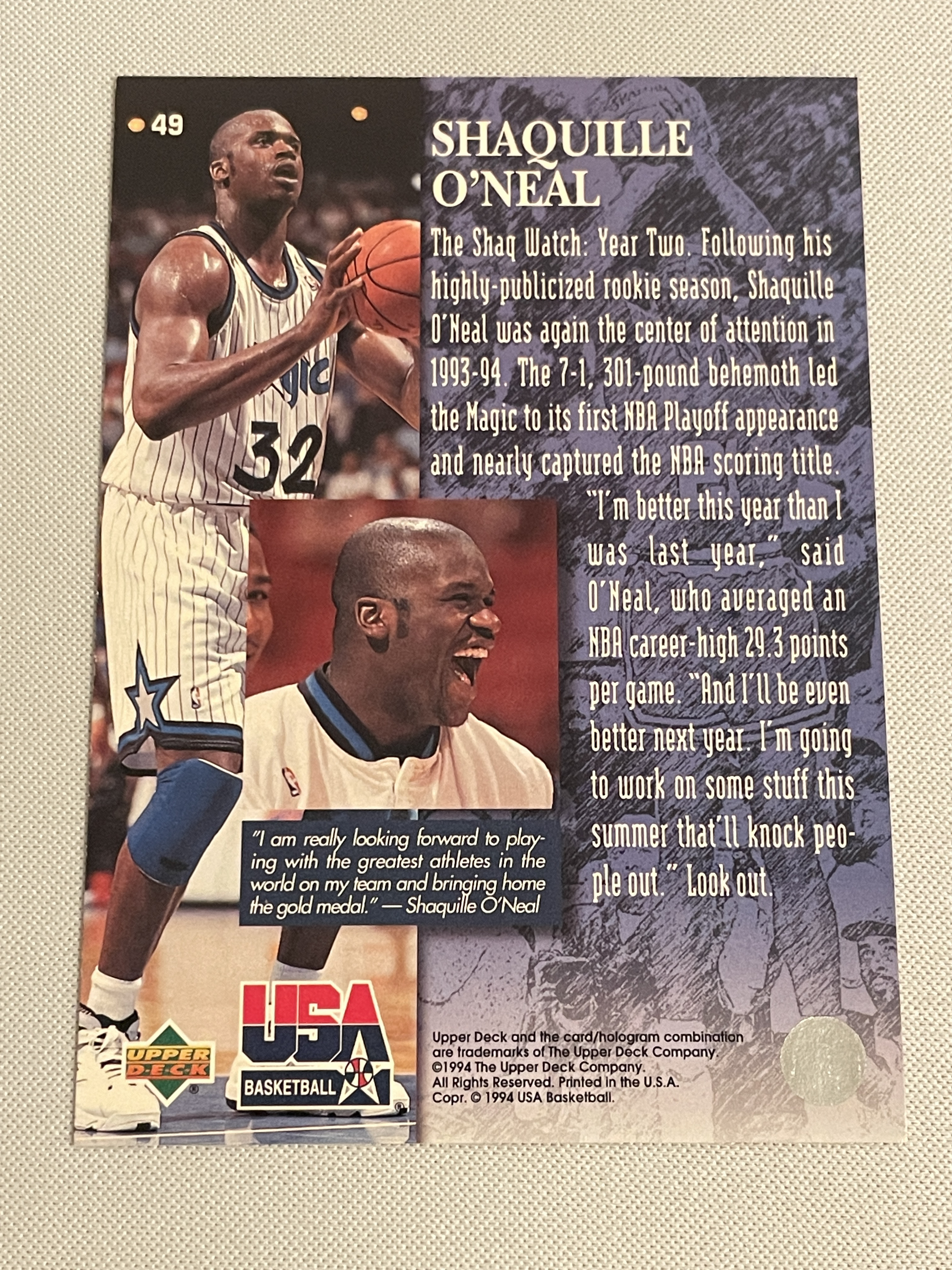 【天龙球星卡】TIAN 1994-95 UD USA 魔术 奥尼尔 印签