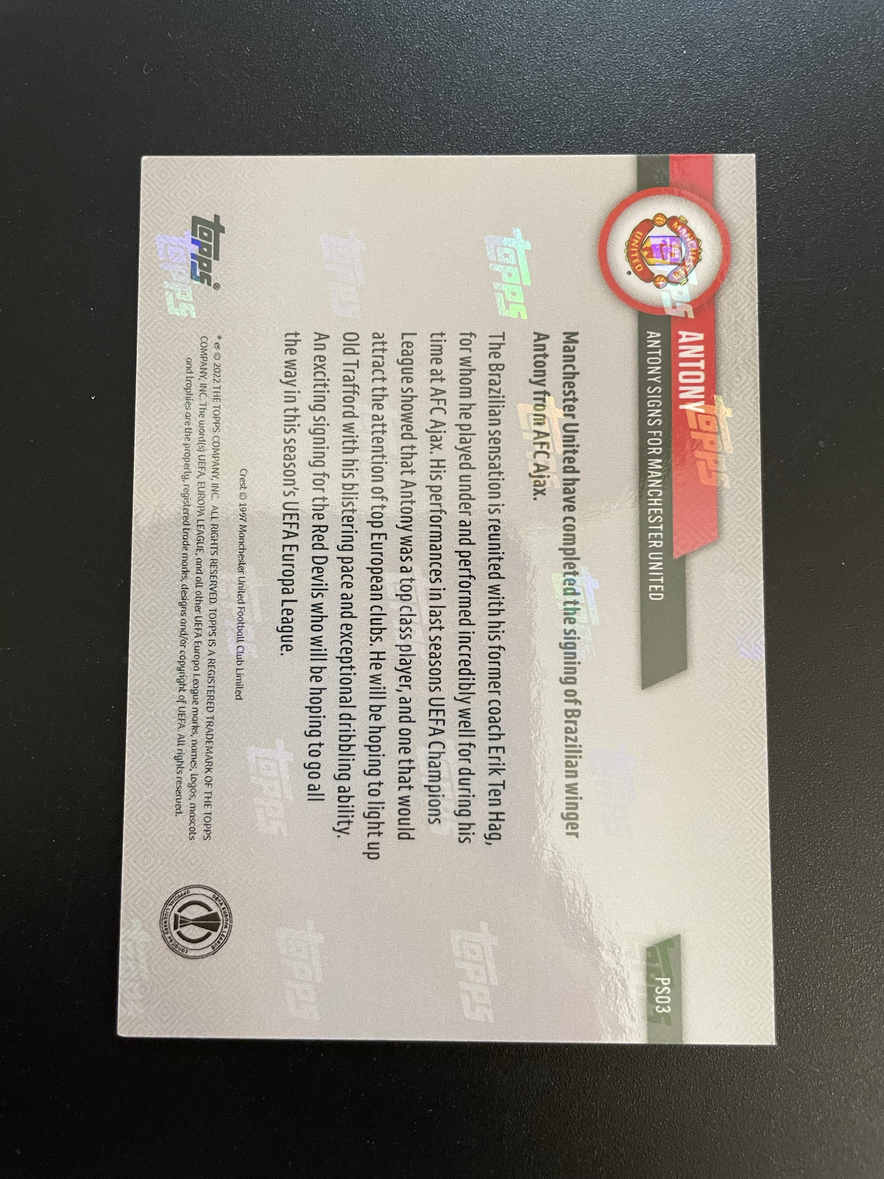 2022 Topps now Antony 【hellfire拍卖】 2022夏窗 曼联 巴西 安东尼 加盟红魔 亮相仪式定妆装 微瑕如图介意勿拍