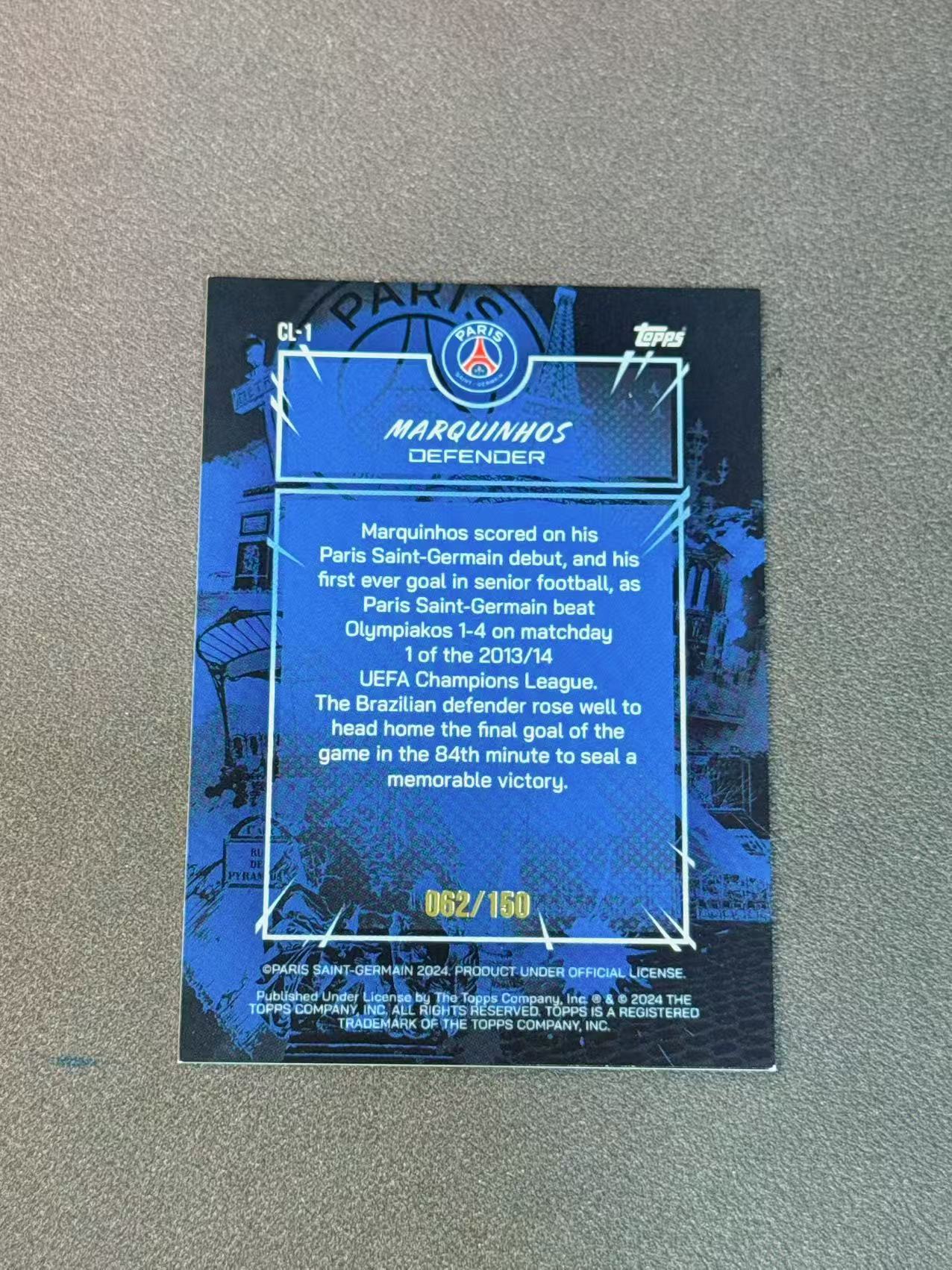 2024 Topps Topps Marquinhos 马尔基尼奥斯 巴黎圣日耳曼 法甲 经典特卡 粉折 150编 收藏必备