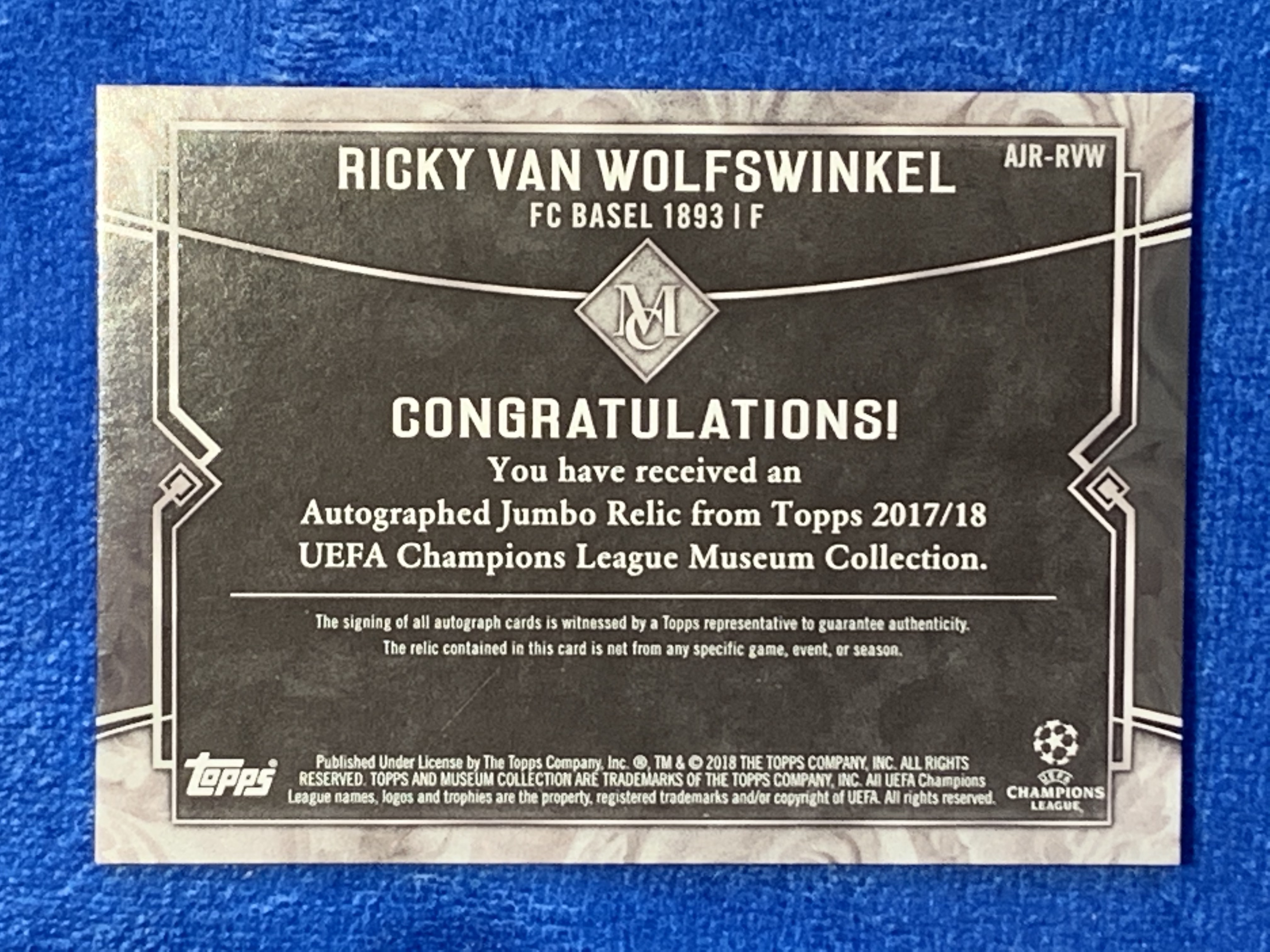 2017-18 Topps Museum Ricky van Wolfswinkel 欧冠99编球衣签字签名 瑞士Swiss巴塞尔Basel 范沃尔夫斯温克尔 荷兰Holland国脚 不保卡品