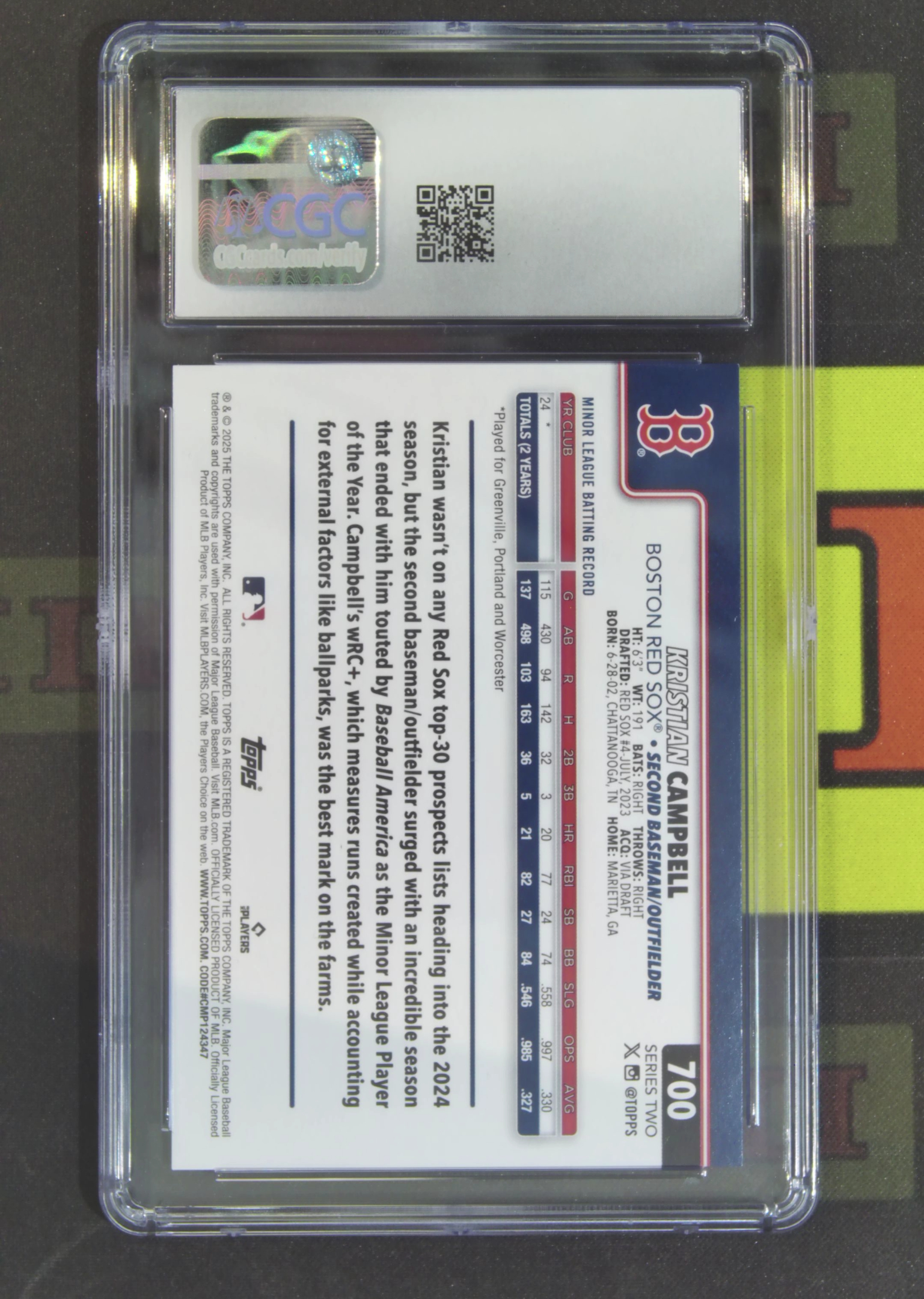 2025 Topps Series 2 Kristian Campbell RC Nirvana Project 克里斯蒂安 坎贝尔 波士顿红袜 新秀 隐藏 SP S2 CGC10 卡品如图 吴¥