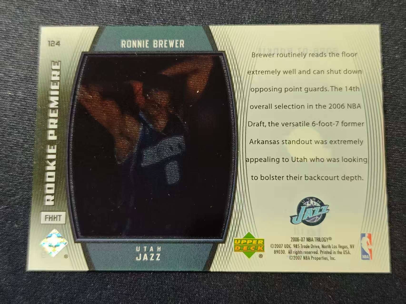 2006-07 Upper Deck Trilogy Ronnie Brewer RC UD 三重惊喜系列 Utah Jazz 爵士 罗尼 布鲁尔 新秀胶片卡 限量499编 经典卡种