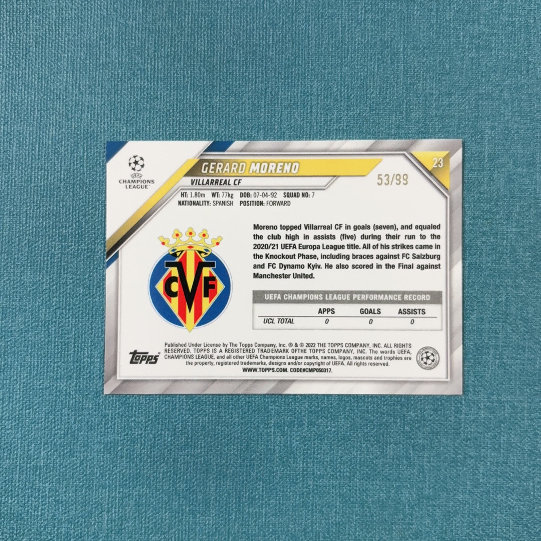 2021-22 Topps Chrome 欧冠 蓝宝石 Gerard Moreno 赫拉德 莫雷诺 53/99编 黄碎冰折 比利亚雷亚尔 卡品如图 TQQ