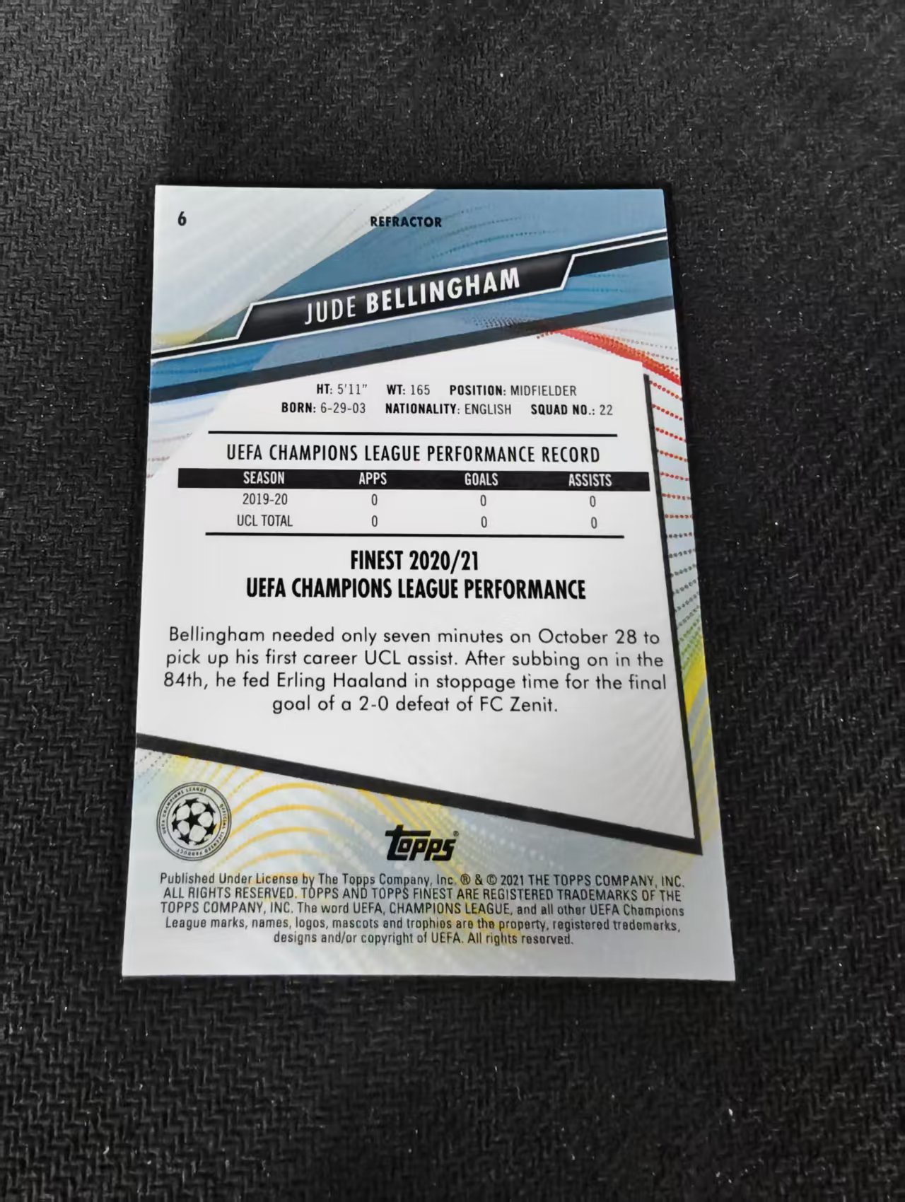【可合并,不累计】2021 Topps Finest Jude Bellingham RC 新秀 贝林厄姆 皇马 欧冠 银折 划痕 边角瑕疵 #6