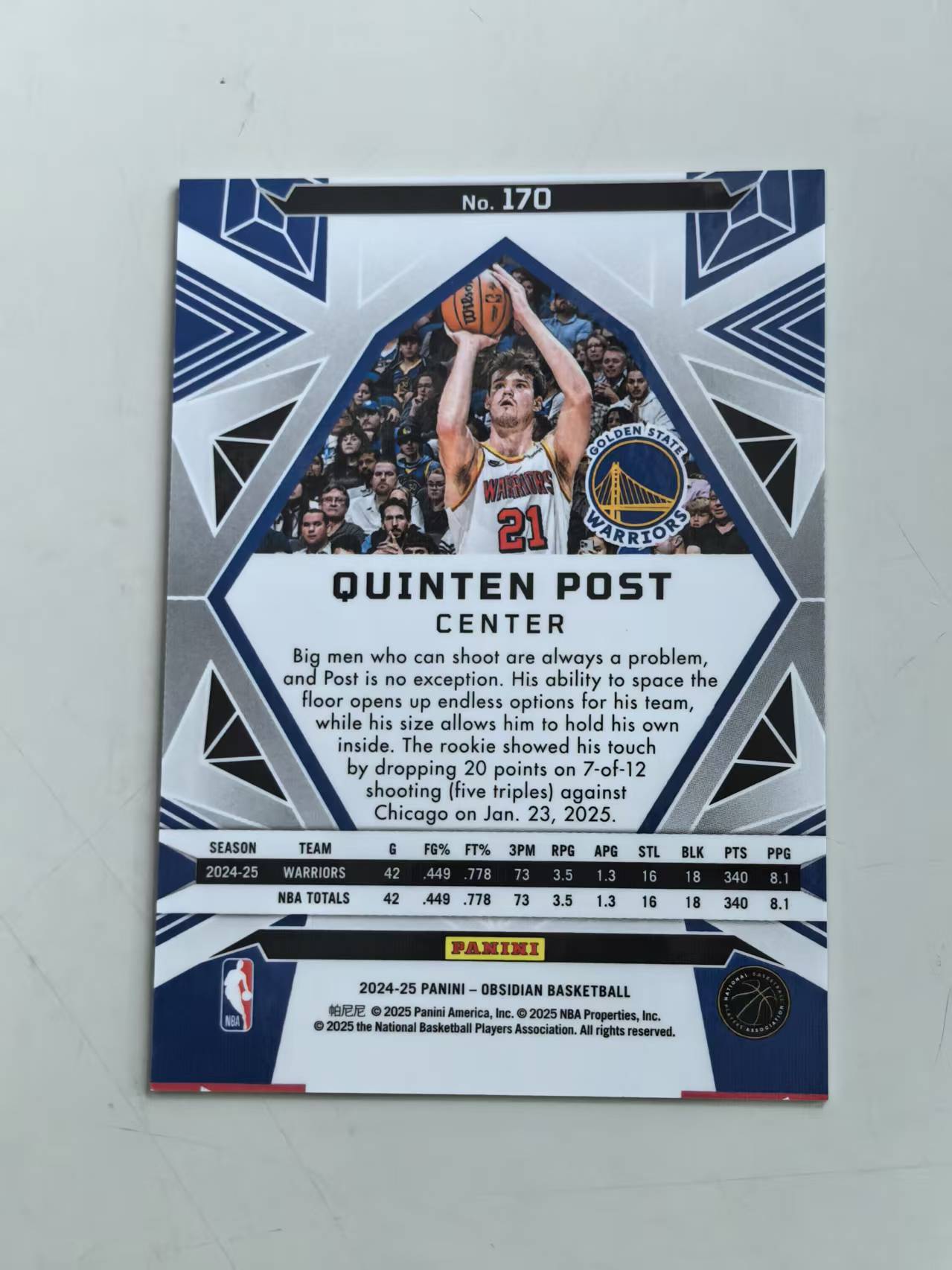 2024-25 Panini Obsidian Quinten Post RC 新秀 勇士 脉冲折 #170 折射 【黑魔苏】