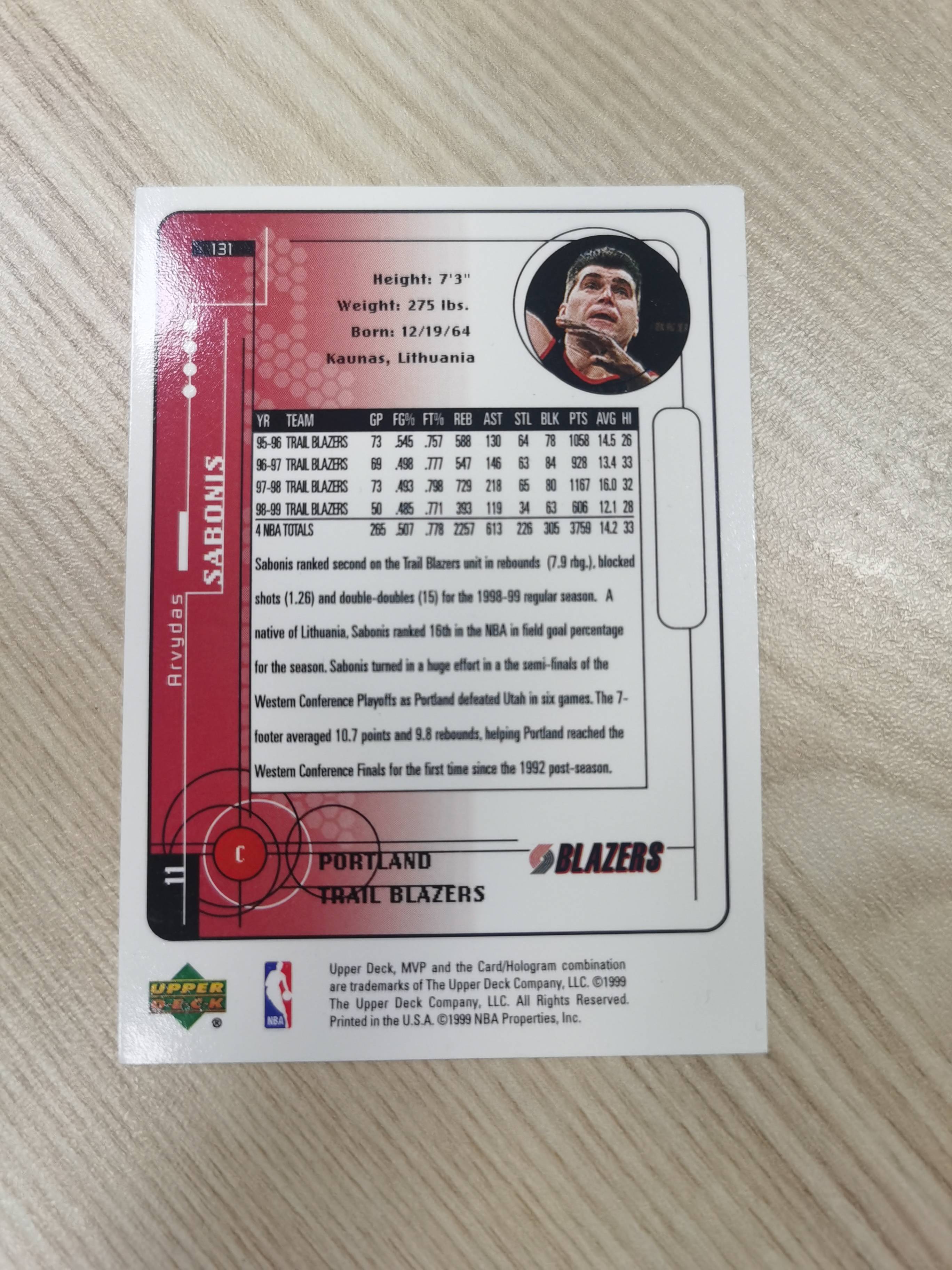 1999-00 Upper Deck MVP Arvydas Sabonis 1999-00 萨博尼斯 UD mvp 银标 立陶宛篮协主席 名人堂成员 空中建筑师 开拓者 硬通货 极具收藏价值