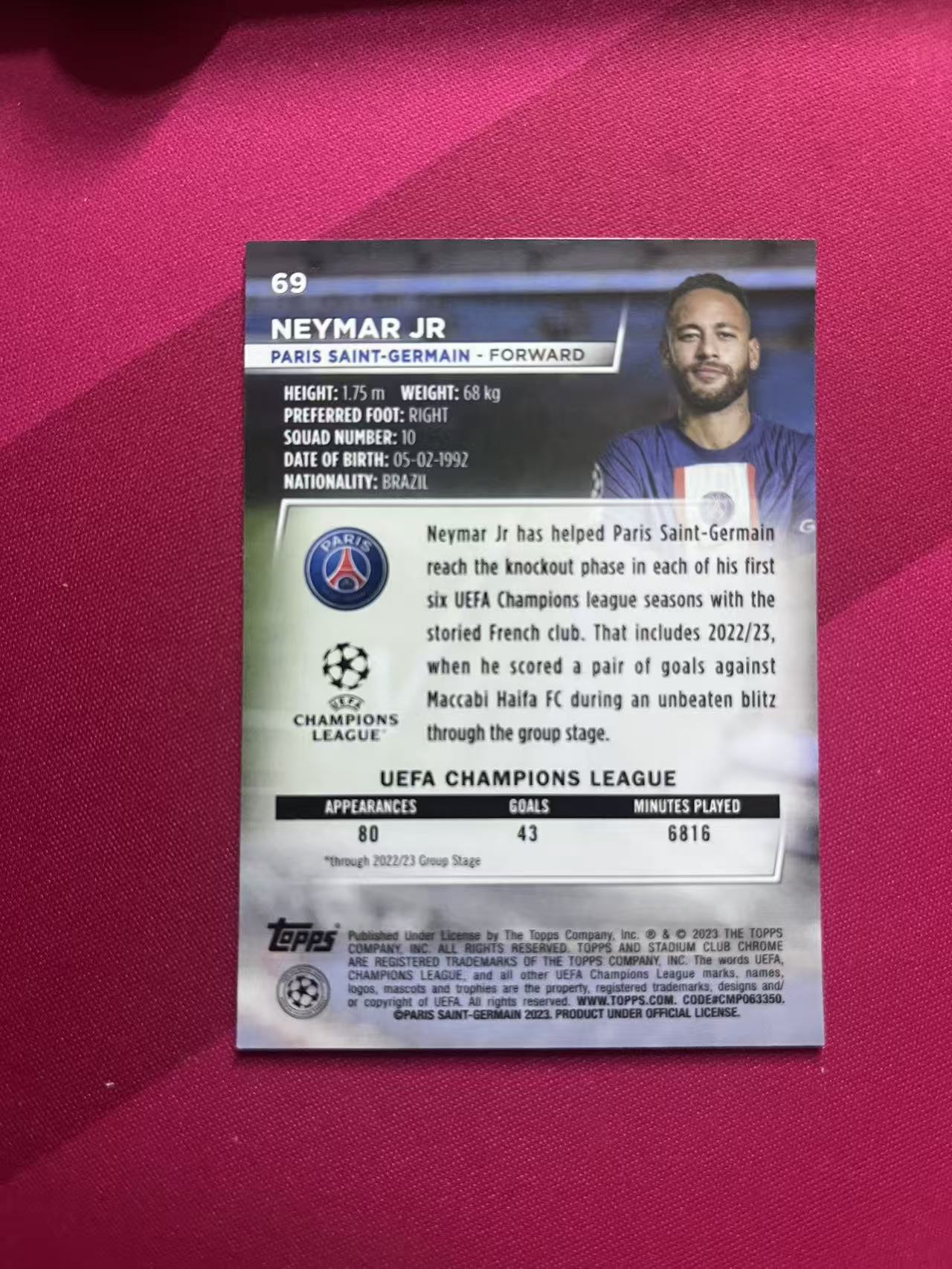 2023 Topps Stadium Club Chrome Neymar Jr #69 内马尔 竞技场 大巴黎 欧冠 巴西 巴黎圣日耳曼 巴黎 A90