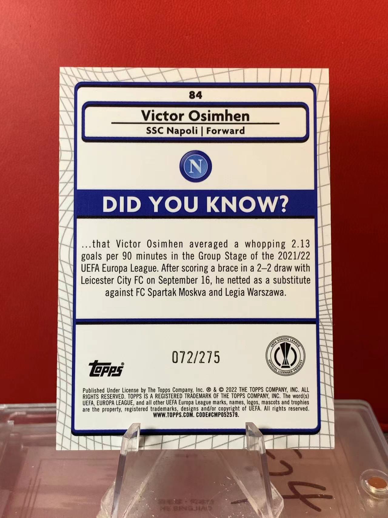 (詹叔代拍)2022 Topps Merlin Victor Osimhen 欧战 梅林 那不勒斯 奥斯梅恩 072/275编 粉mo折 顺丰寄付 泰山