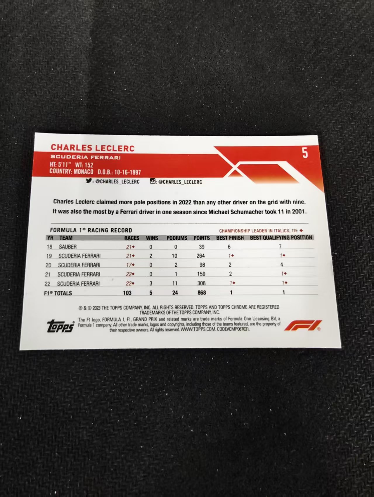 2023 Topps Chrome F1 Charles Leclerc 勒克莱尔 乐扣 法拉利 划痕 边角瑕疵 #5