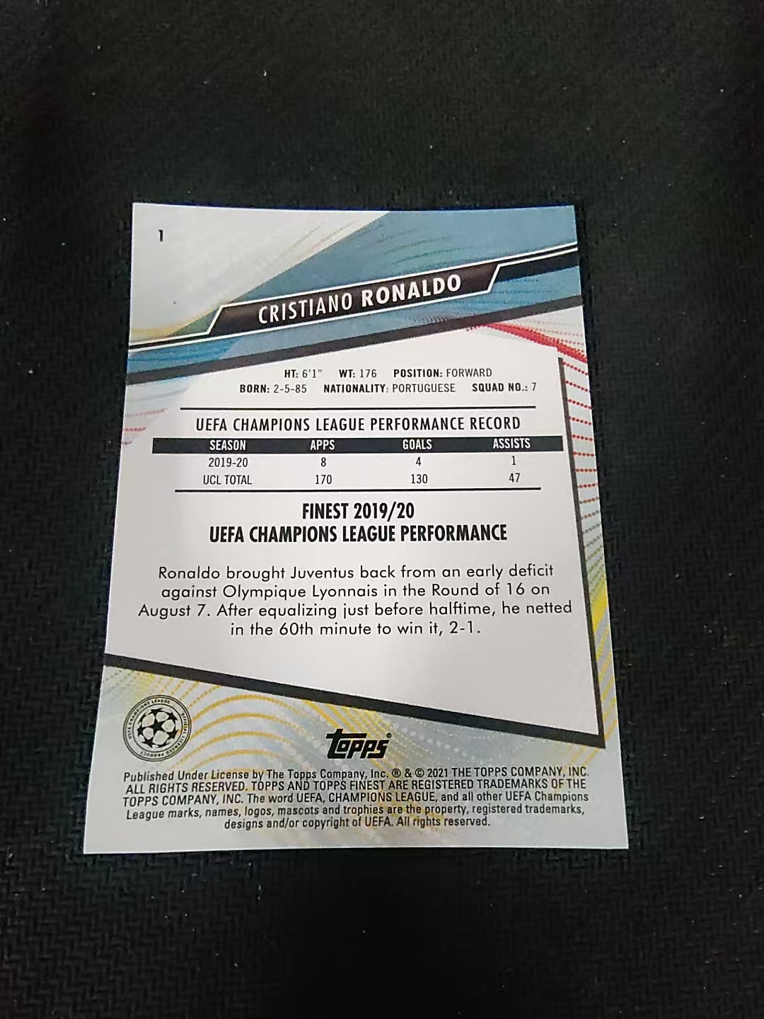 【可合并,不累计】2021 Topps Finest Cristiano Ronaldo C罗 尤文图斯 葡萄牙 曼联 皇家马德 划痕 边角瑕疵 #1