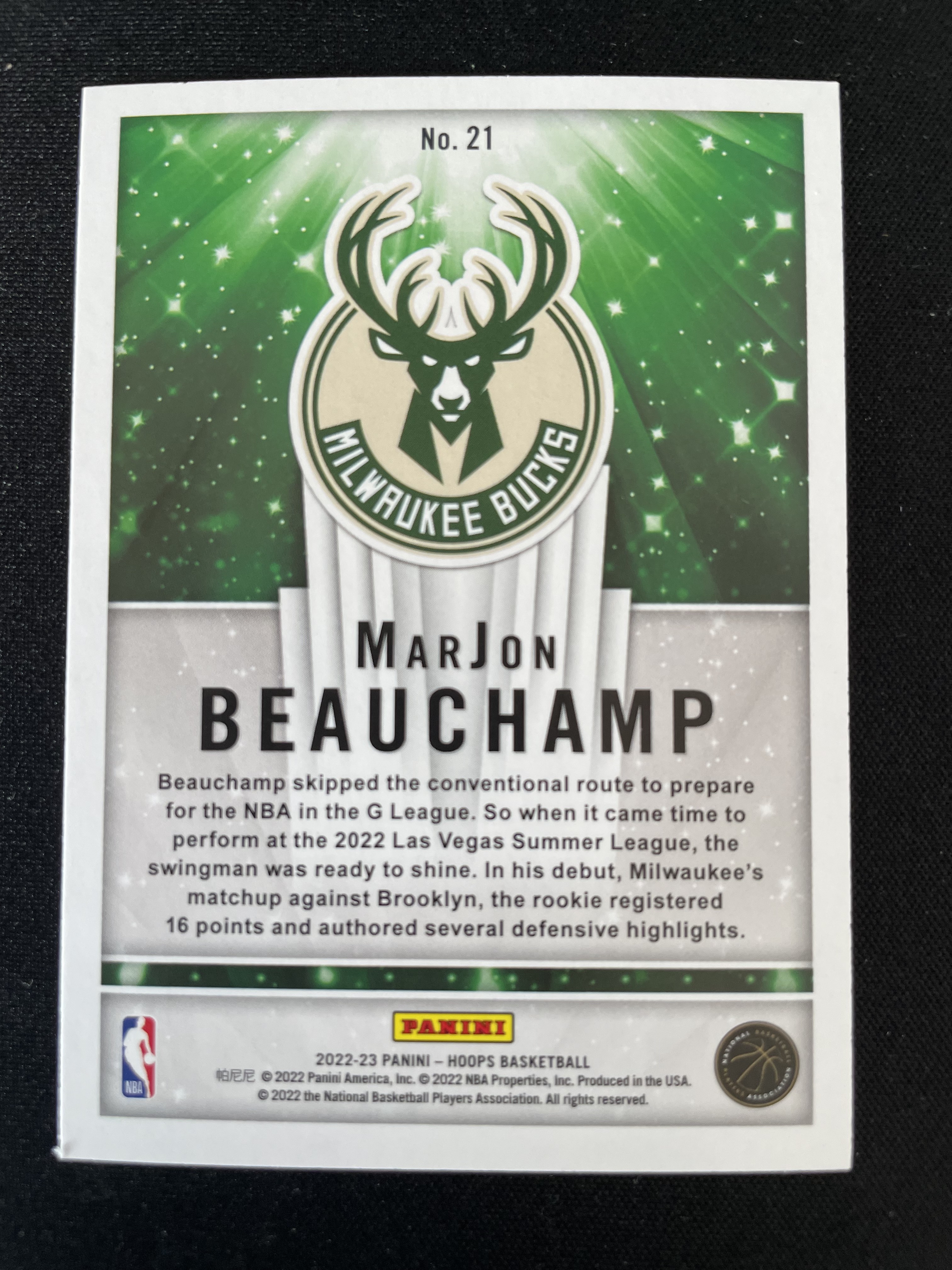 2022-23 Panini NBA Hoops MarJon Beauchamp RC 雄鹿 3张 博尚 NOW PLAYING 特卡 潜力新秀 卡品如图 专攻凑套必备
