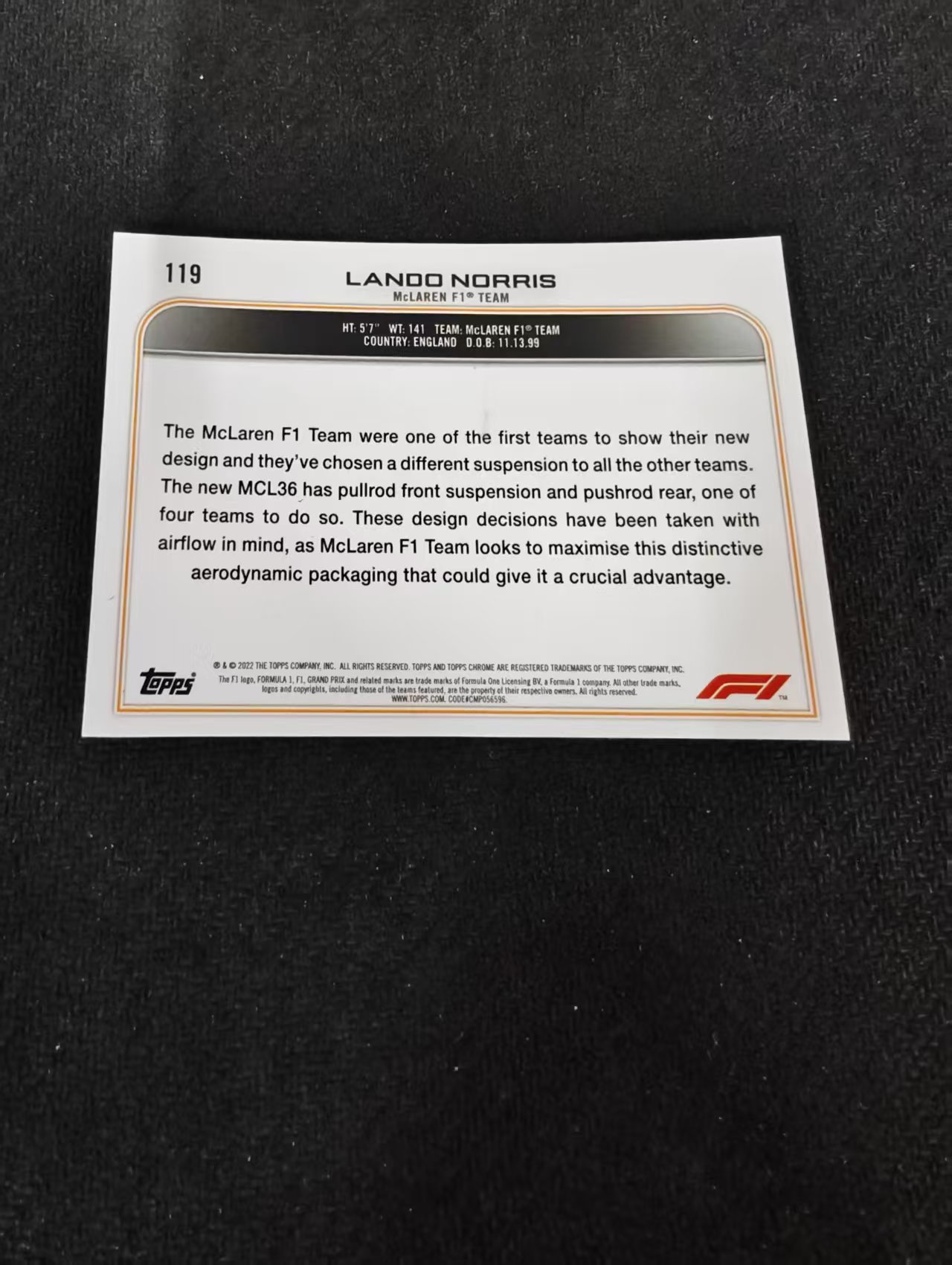 2022 Topps Chrome F1 Lando Norris 兰多 诺里斯 迈凯伦车队 划痕 边角瑕疵 #119