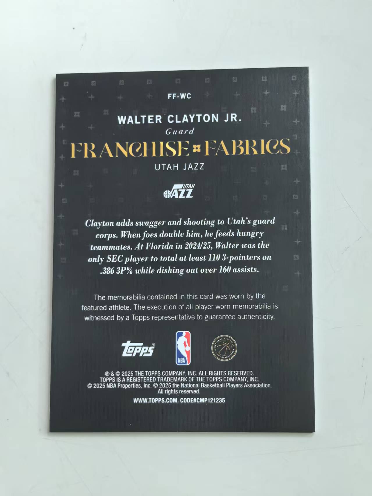 2025 Topps Topps Walter Clayton Jr. RC 新秀 #FF-WC 球衣卡 爵士 【黑魔苏】