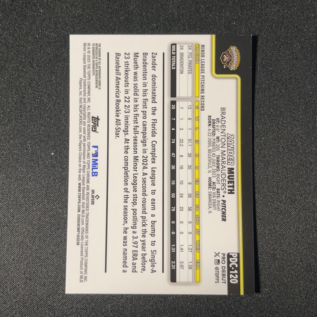 2025 Topps Pro Debut Zander Mueth RC 海盗 次轮秀 先发投手 debut 首秀 小联盟 Chrome签字 卡签 银折 199编 【L】