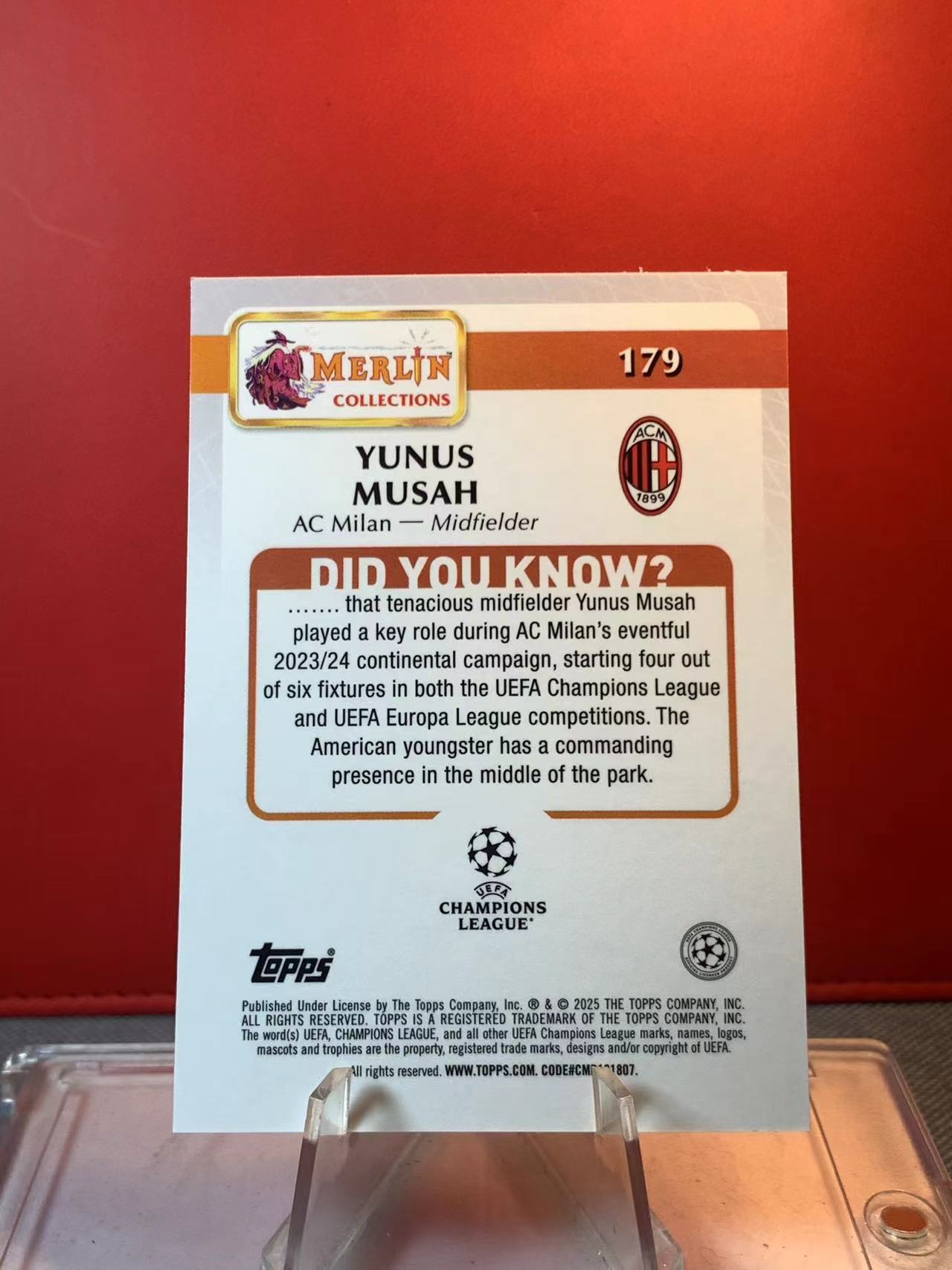 (詹叔代拍)2025 Topps Merlin chrome Yunus Musah 穆萨 AC米兰 梅林 欧冠 粉折 004/199编 卡品如图 顺丰寄付 泰山