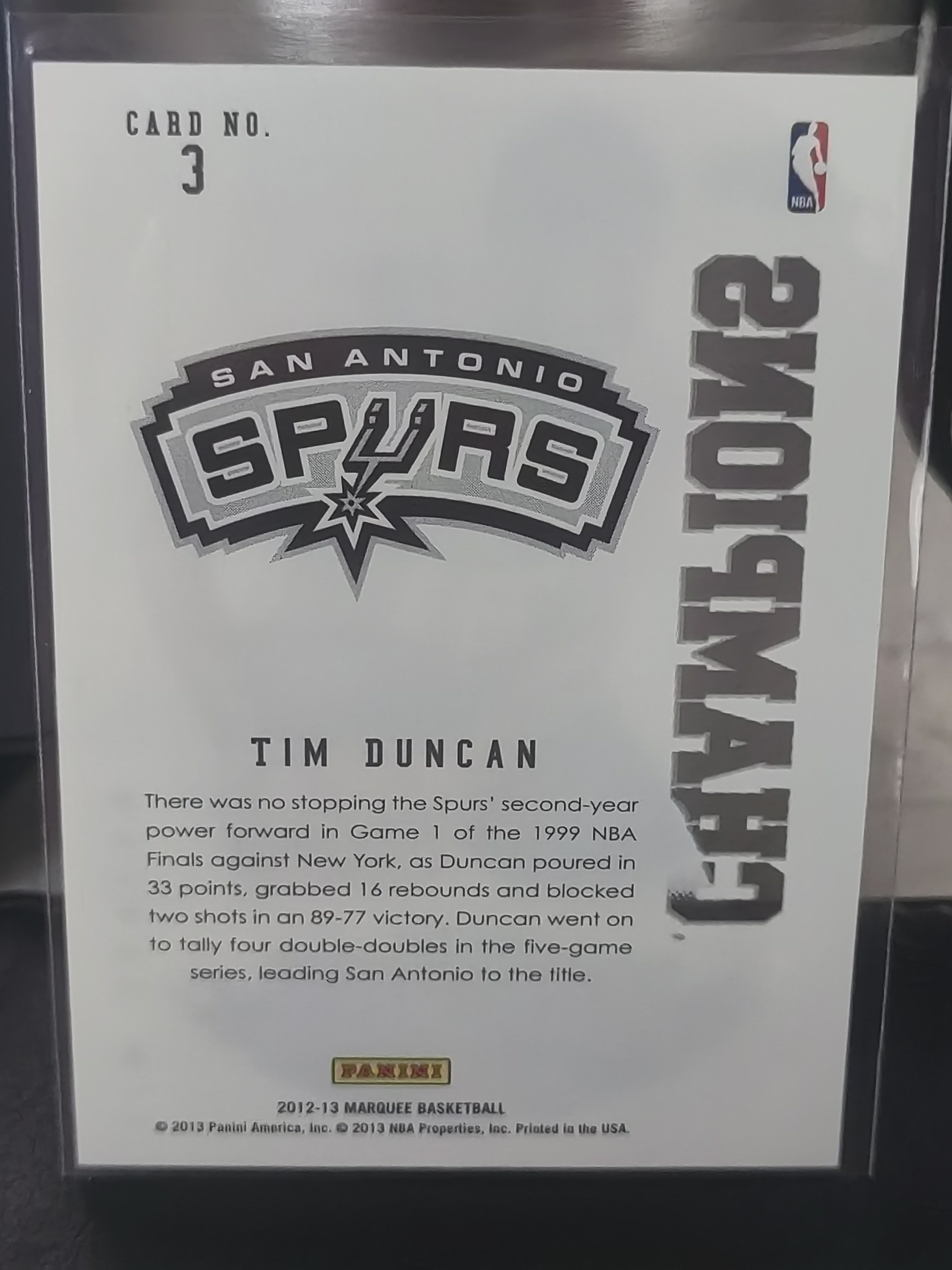 2012-13 Panini Marquee Tim Duncan 马奎 蒂姆 邓肯 石佛 马刺 胶片 篮 白边白角 不保卡品 卡品如图
