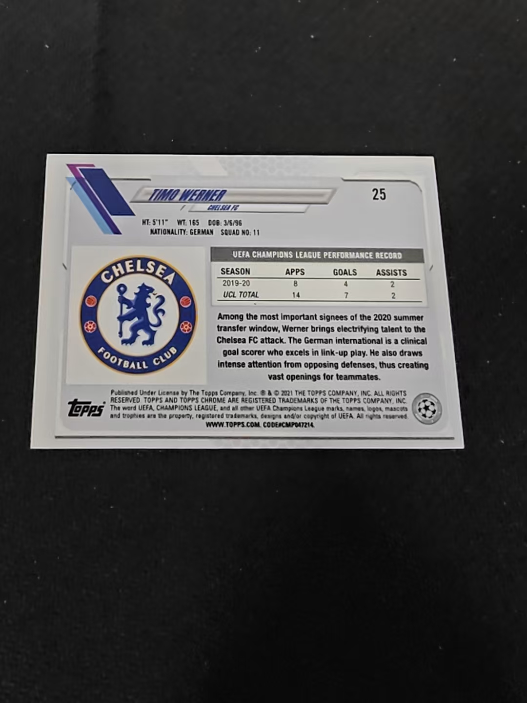 【可合并,不累计】2021 Topps Chrome Timo Werner 欧冠 蓝宝石 切尔西 蒂莫 维尔纳 蓝碎冰折 折射 #25 划痕 边角瑕疵