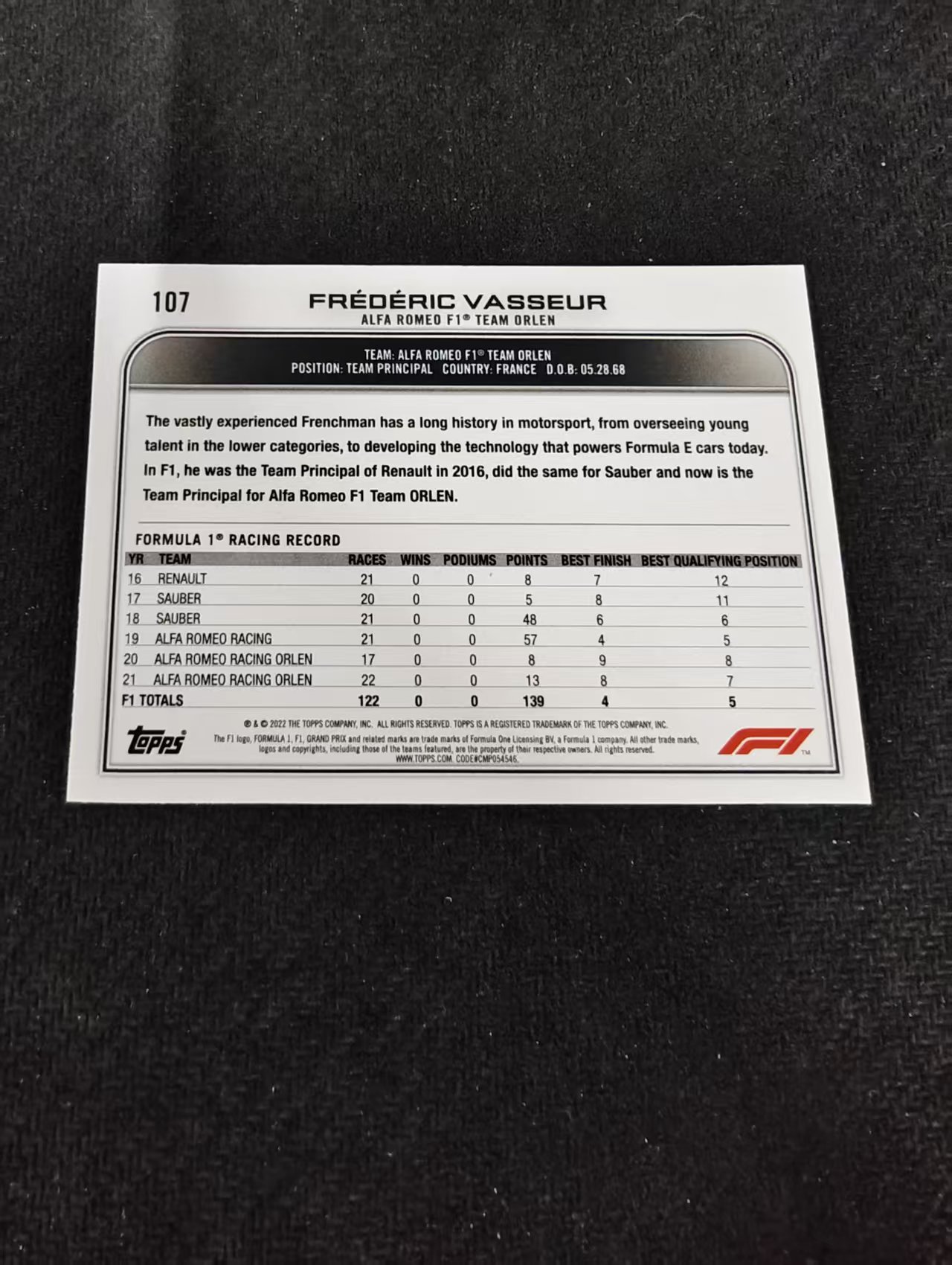 2022 Topps Chrome F1 Frederic Vasseur 法拉利车队 领队 费德里克 瓦瑟尔 划痕 边角瑕疵@107
