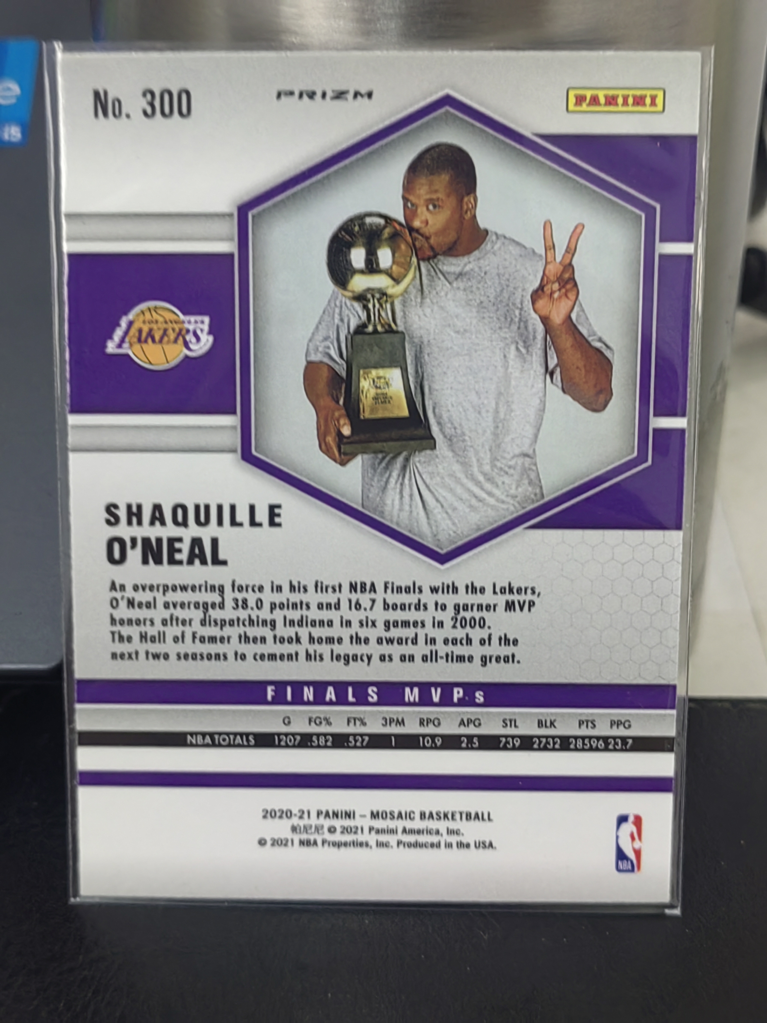 2020-21 Panini Mosaic Shaquille O'Neal 马赛克 红波纹 沙奎尔奥尼尔 大鲨鱼 湖人 捧杯 特卡 篮 白边白角 不保卡品 卡品如图