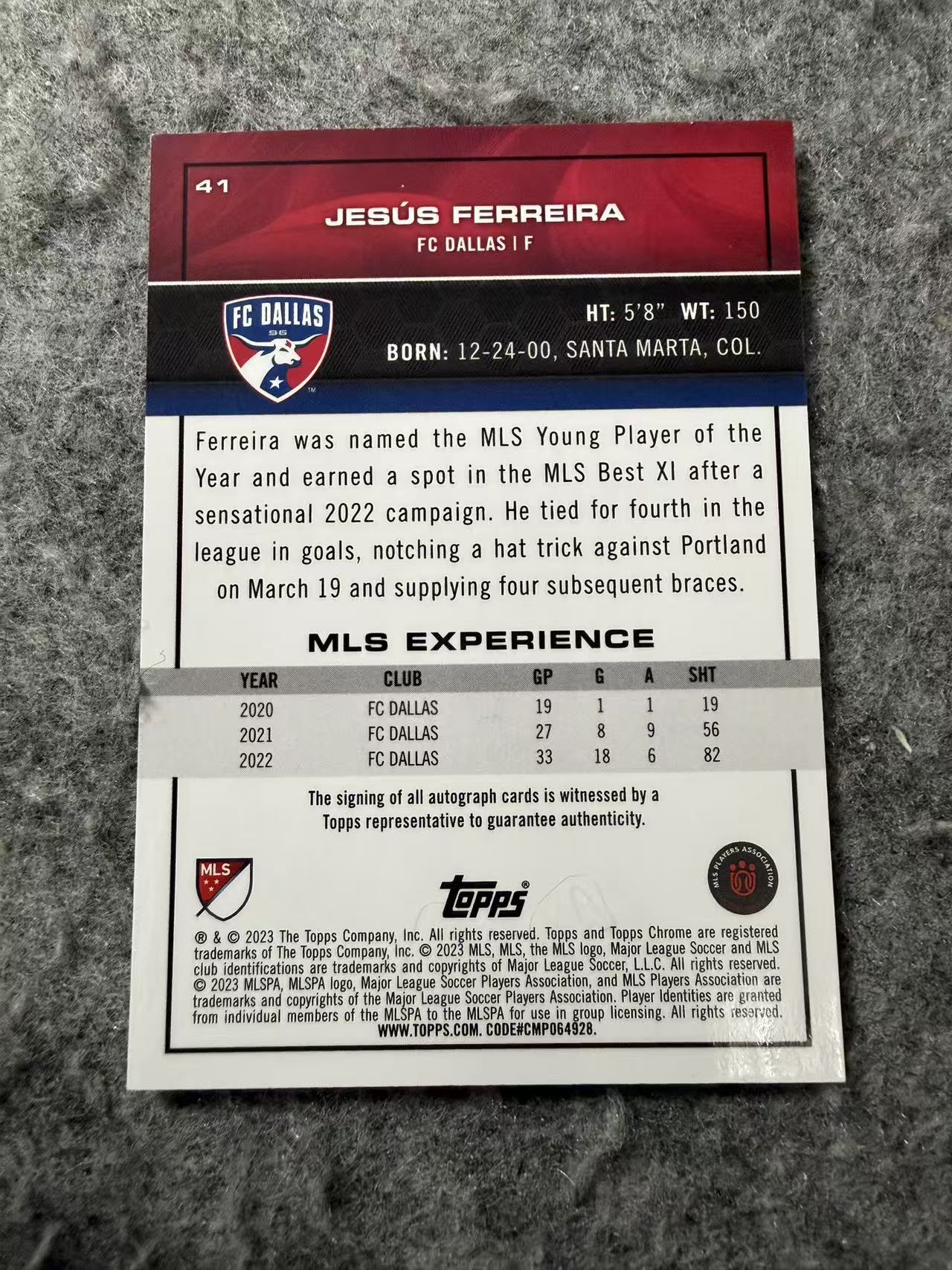 2023 Topps Chrome Jesus Ferreira MLS美职联TC 热苏斯费雷拉 99编 绿折 签字 西雅图海湾人 卡品如图 收藏必备