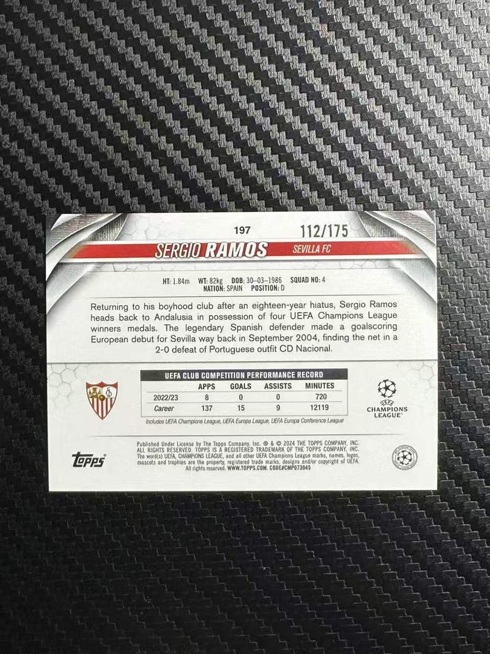 2024 Topps UCC Sergio Ramos 欧战 龙年 碧玉 塞维利亚 拉莫斯 蓝玉折 112/175编 卡品如图 拍前看描述